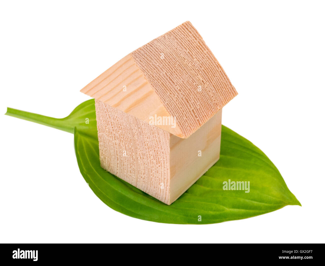 Haus der Bausteine auf das grüne Blatt isoliert auf weiss Stockfoto