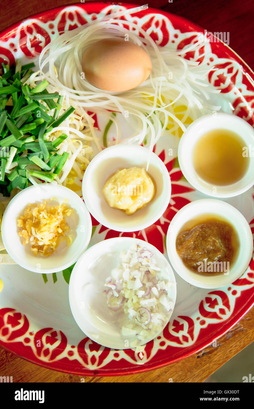 Thai-Food - Zutaten für ein Pad Thai - Ei, Reisnudeln, Knoblauch, Frühlingszwiebeln, Galgant, Sojasprossen, Tamarindenpaste Stockfoto