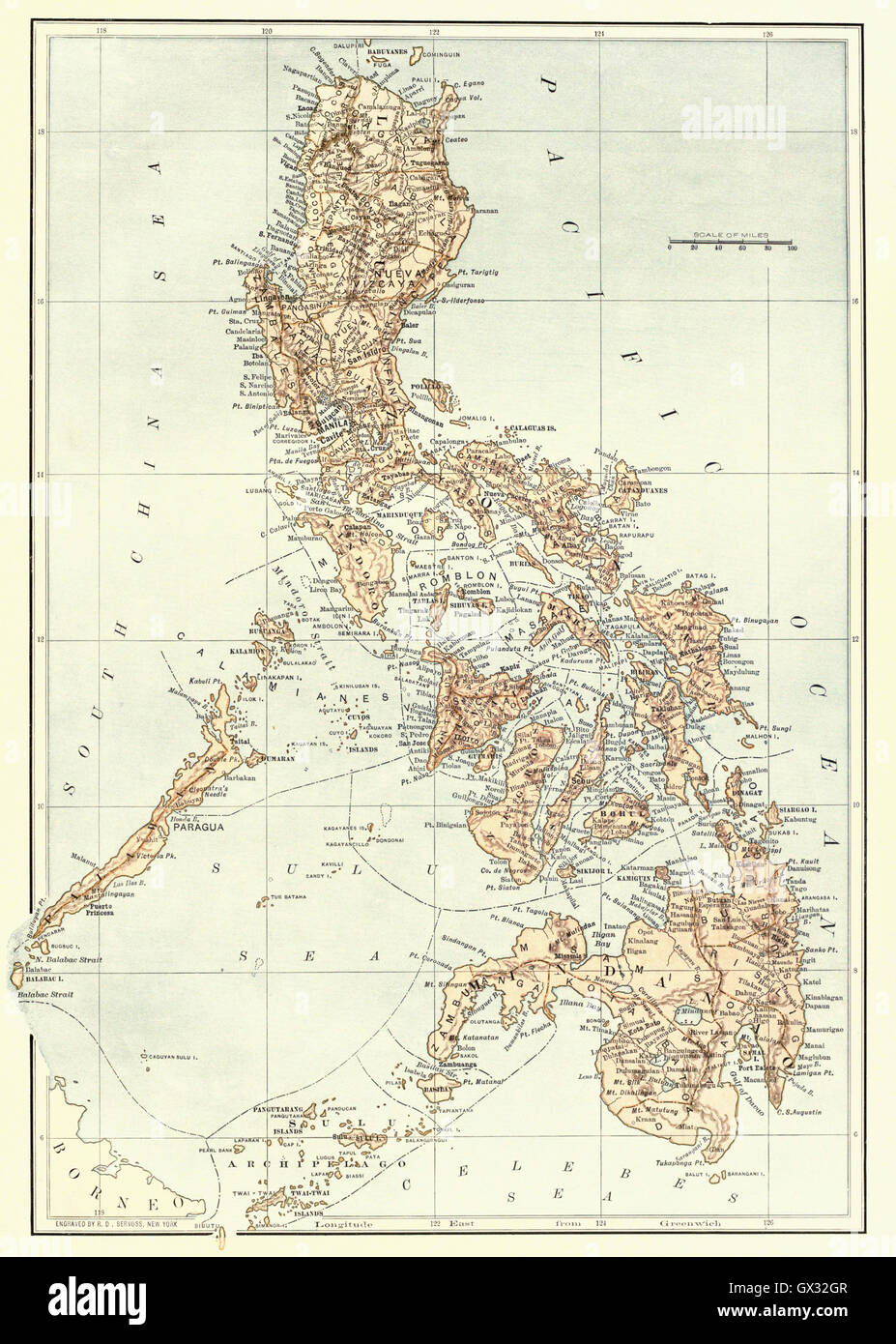 Karte der Philippinen am Ende des 19. Jahrhunderts. Stockfoto