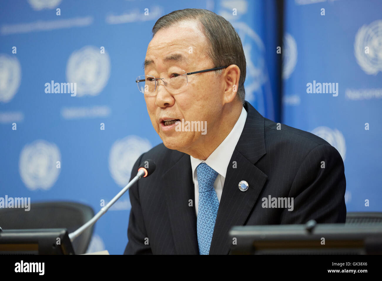 New York, USA. 14. September 2016. USA: UN-Generalsekretär Ban Ki-Moon Pressekonferenz, Felder Fragen über Afghanistan, Aleppo, Flüchtlinge, Hilfe, Syrien Sicherheitsrat und den Rest seiner Amtszeit Credit: Mark Sullivan/Alamy Live News Stockfoto