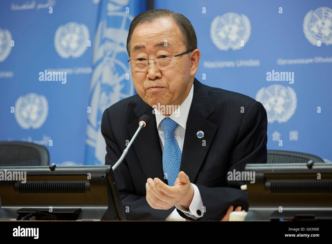 New York, USA. 14. September 2016. USA: UN-Generalsekretär Ban Ki-Moon Pressekonferenz, Felder Fragen über Afghanistan, Aleppo, Flüchtlinge, Hilfe, Syrien Sicherheitsrat und den Rest seiner Amtszeit Credit: Mark Sullivan/Alamy Live News Stockfoto