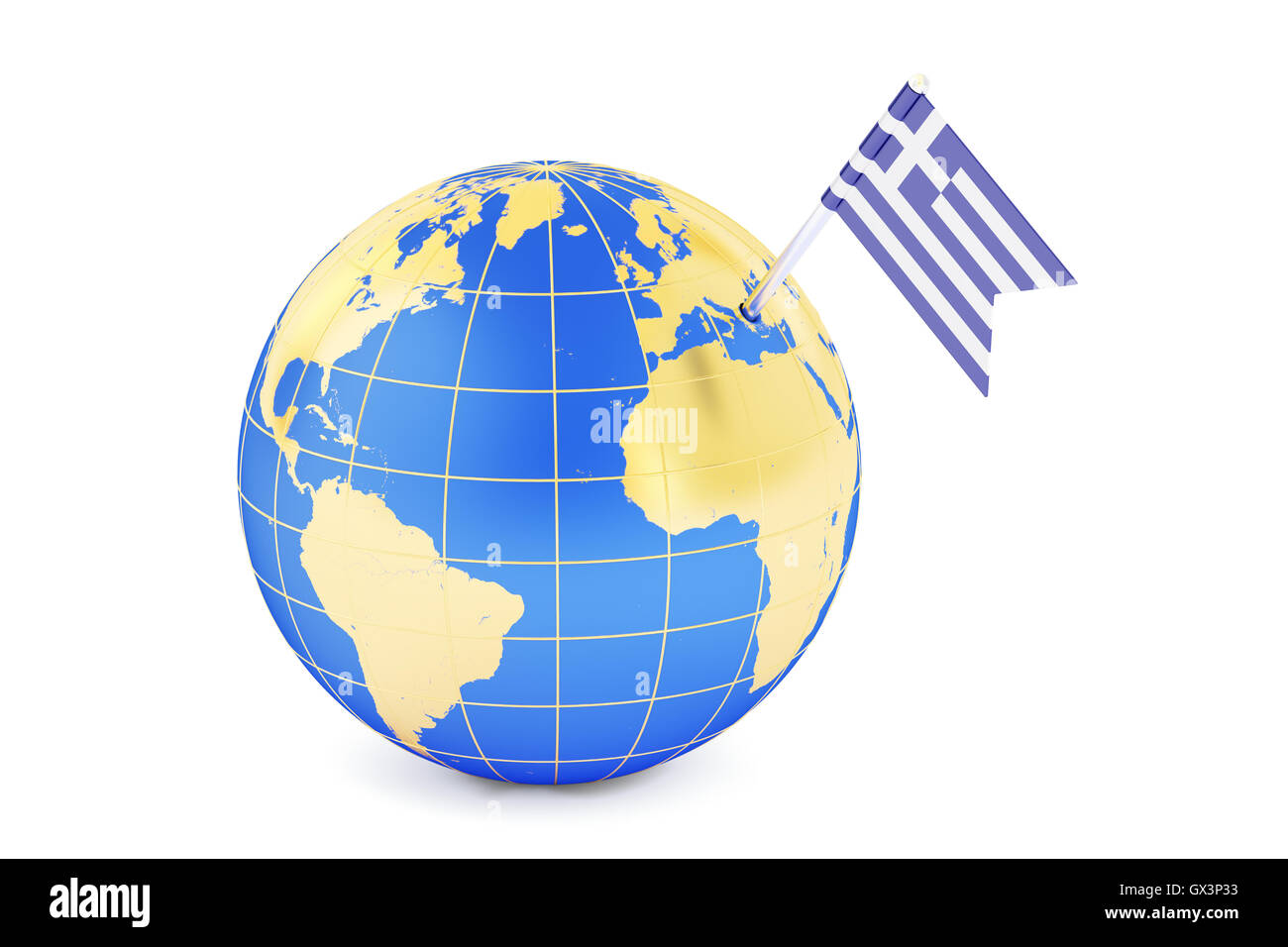 Griechischen Pin Flagge auf Globuskarte, 3D rendering Stockfoto