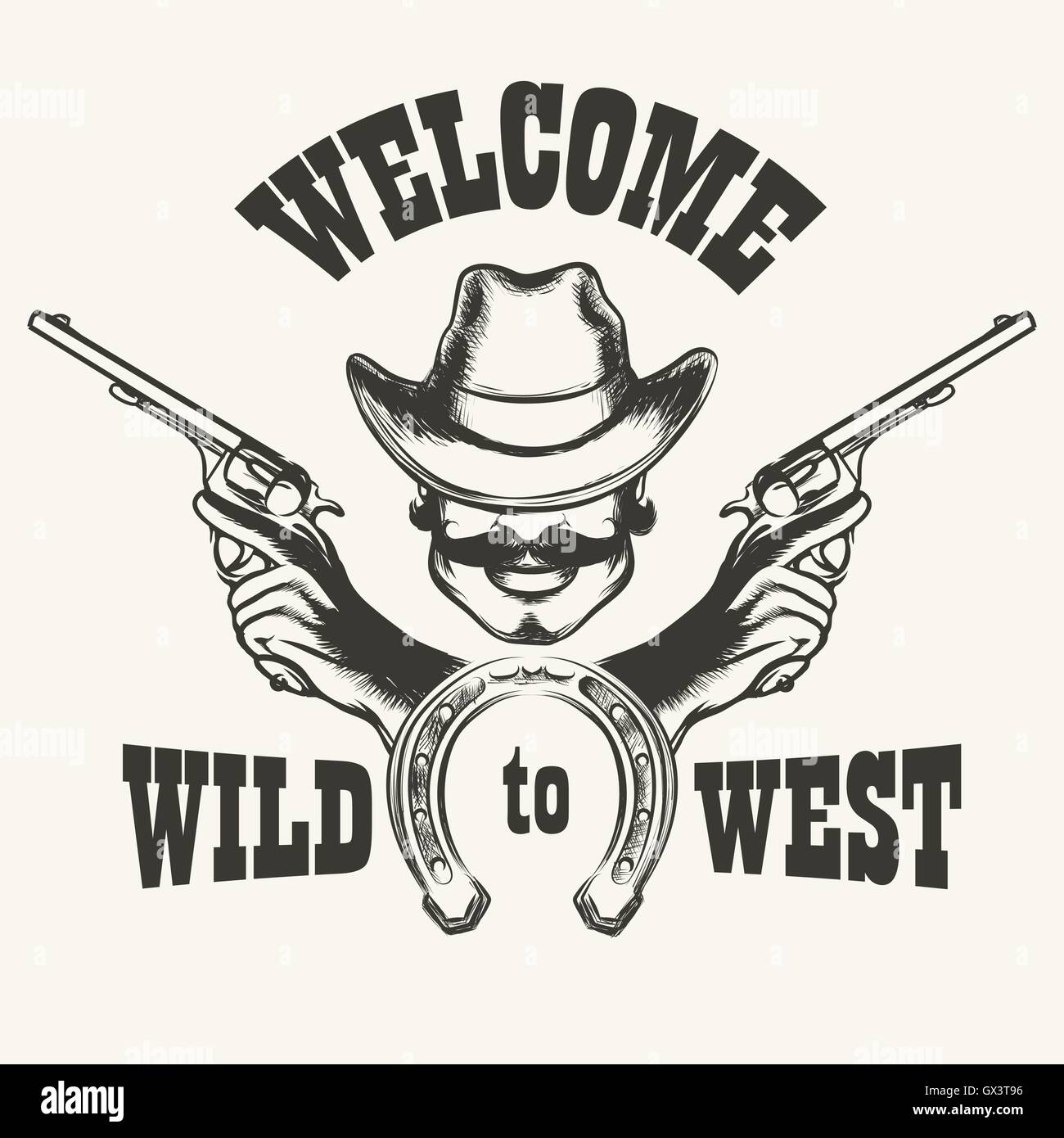 Retro Poster Willkommen im wilden Westen. Menschlicher Kopf in Cowboy-Hut mit zwei Kanonen und Hufeisen. Vektor-Illustration. Stock Vektor