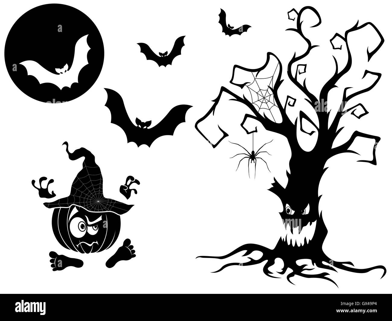 Satz von anderen Vektor Silhouetten mit Halloween-Attribute, nämlich zornigen alten Baum, wütend Kürbis im Hut, Fledermäuse, voll getrocknet Stock Vektor