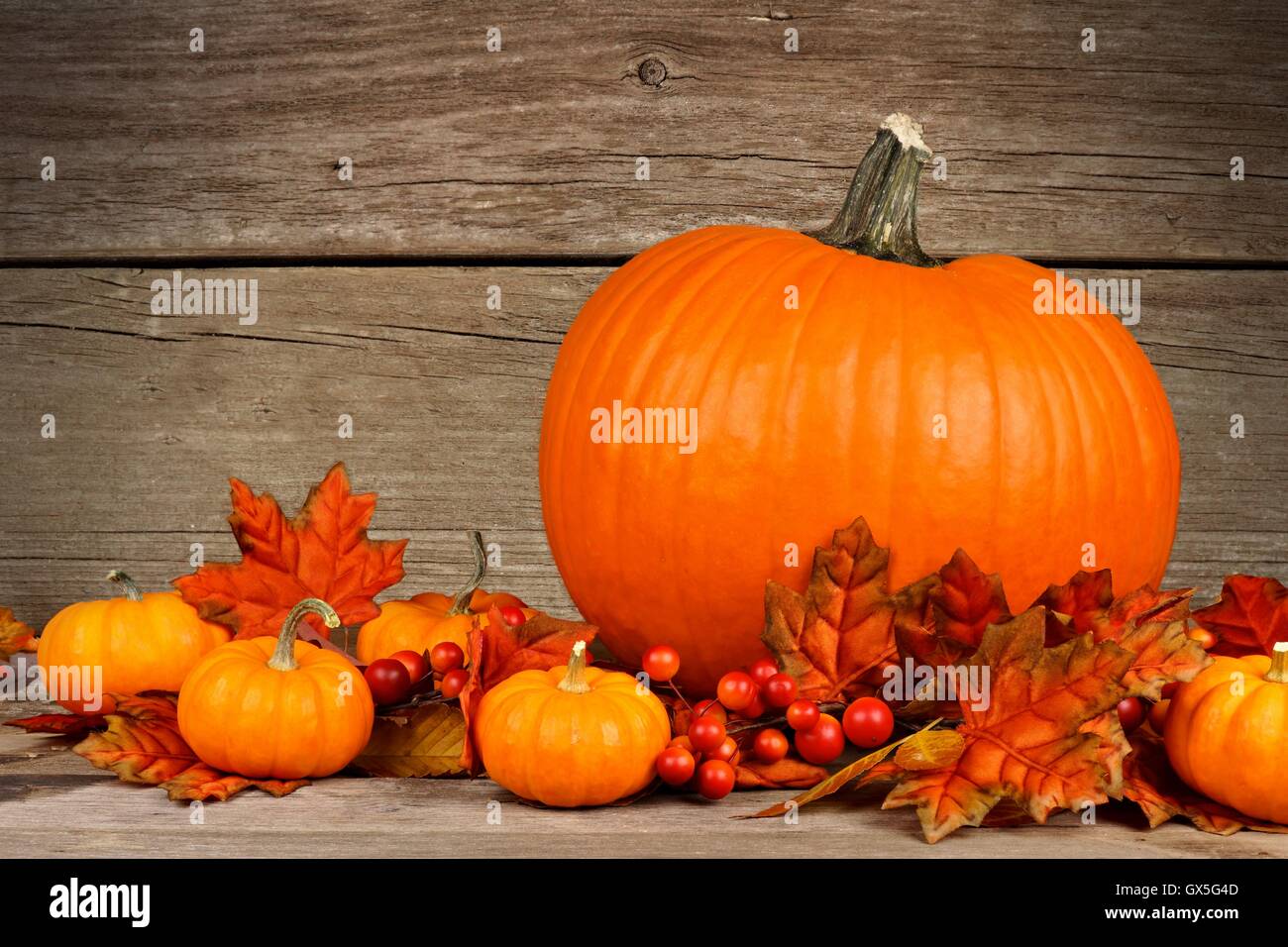 Unteren Rand des bunten Herbstlaub auf einem rustikalen hölzernen Hintergrund Stockfoto