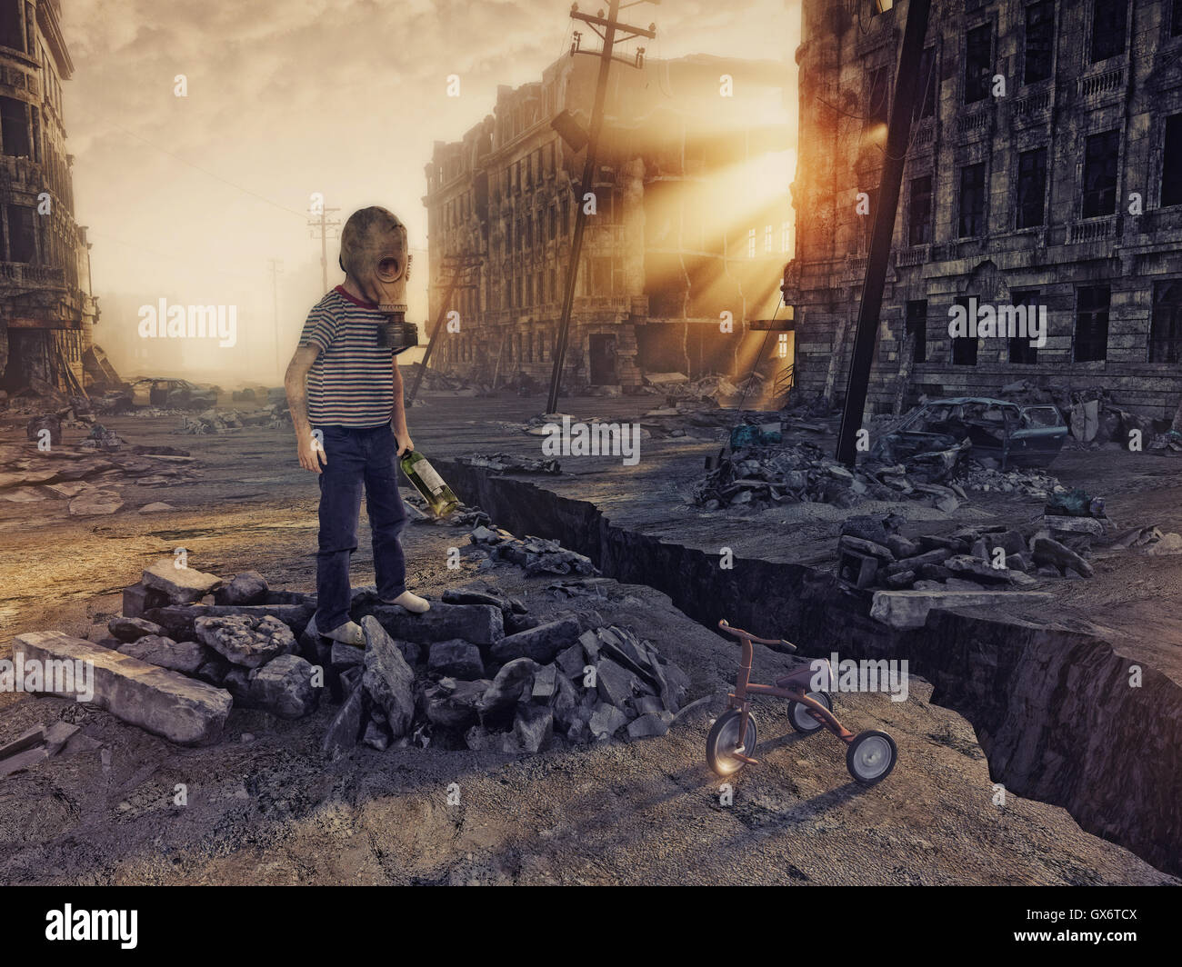 Ruinen einer Stadt mit und der junge auf der Straße. 3D Illustration Konzept Stockfoto