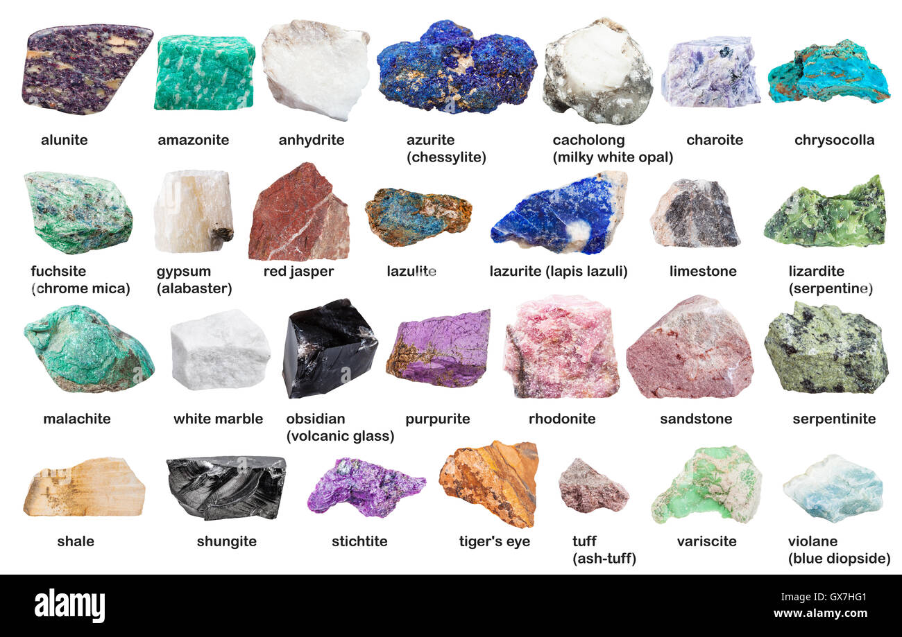 Set aus verschiedenen rohen dekorative Edelsteine und Mineralien mit Namen isoliert auf weißem ...