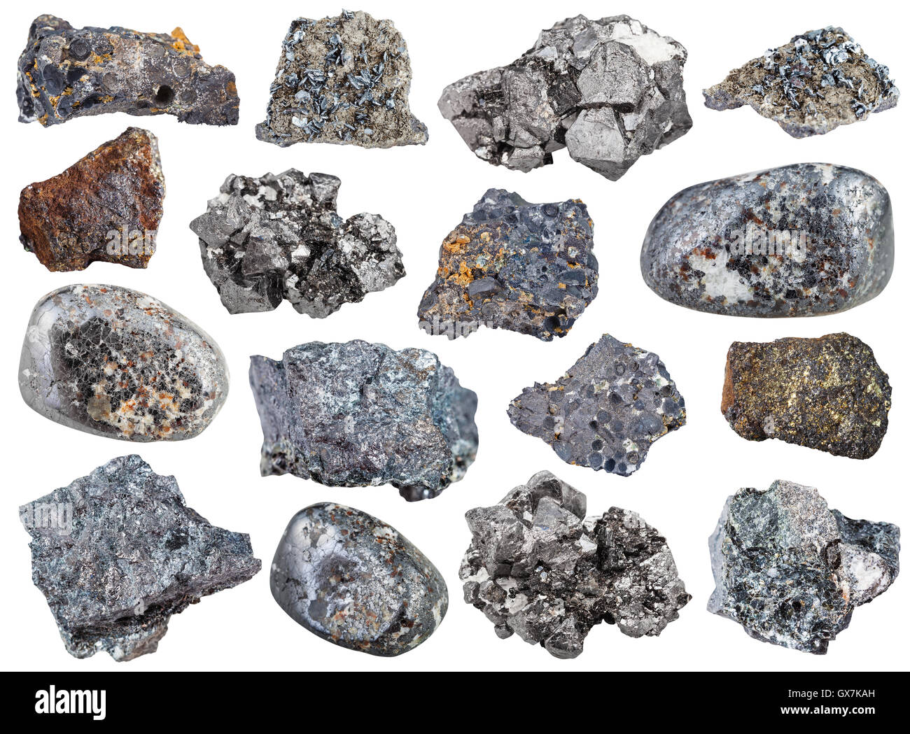Sammlung von Proben von Magnetit Eisenerz isoliert auf weißem Hintergrund Stockfoto