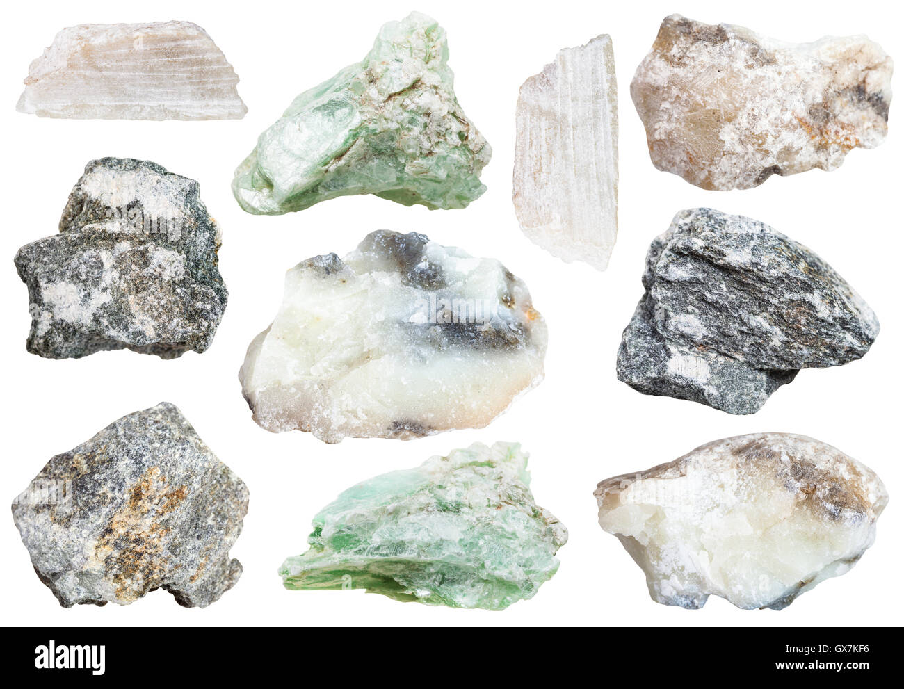 Sammlung von Proben von Talkum und Speckstein (Steatit, Soaprock) Mineralien isoliert auf weißem Hintergrund Stockfoto