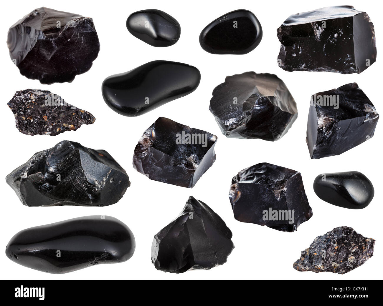 Sammlung von Proben von schwarzer Obsidian (vulkanisches Glas) Stein  isoliert auf weißem Hintergrund Stockfotografie - Alamy