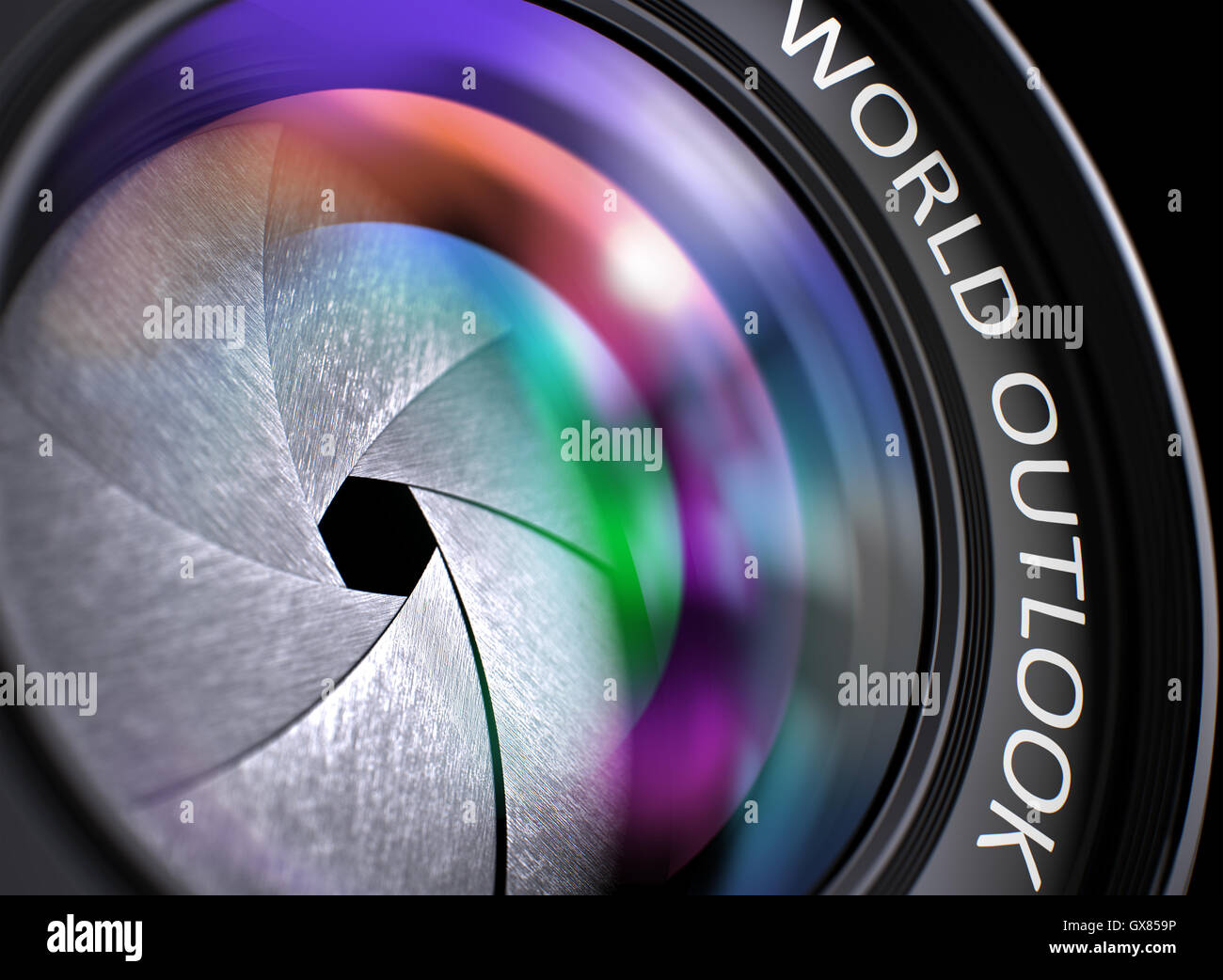 Weltweit-Outlook-Konzept am Kameraobjektiv. 3D. Stockfoto