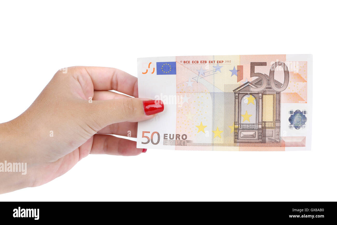 Frau Hand hält 50 Euro-banknote Stockfoto