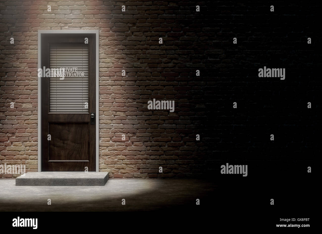 Ein 3D Rendering einer Holztür auf einem Gesicht Backsteingebäude bedeckt von einem geschlossenem Verschluss mit Privatdetektiv darauf geschrieben 6ème Stockfoto