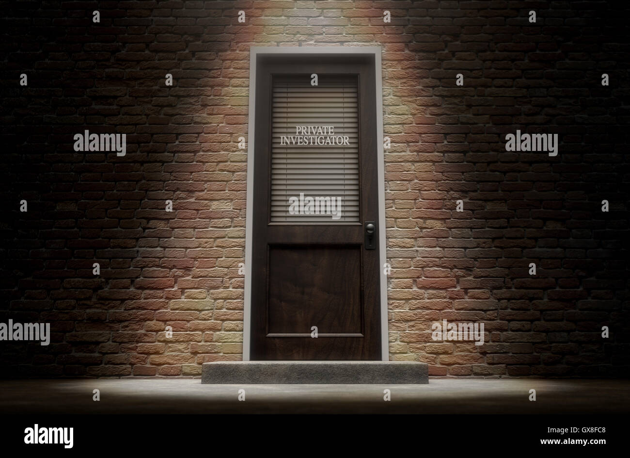 Ein 3D Rendering einer Holztür auf einem Gesicht Backsteingebäude bedeckt von einem geschlossenem Verschluss mit Privatdetektiv darauf geschrieben 6ème Stockfoto