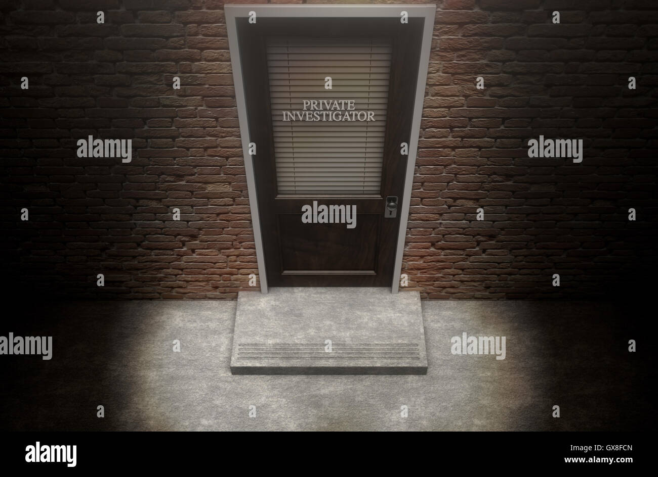 Ein 3D Rendering einer Holztür auf einem Gesicht Backsteingebäude bedeckt von einem geschlossenem Verschluss mit Privatdetektiv darauf geschrieben 6ème Stockfoto