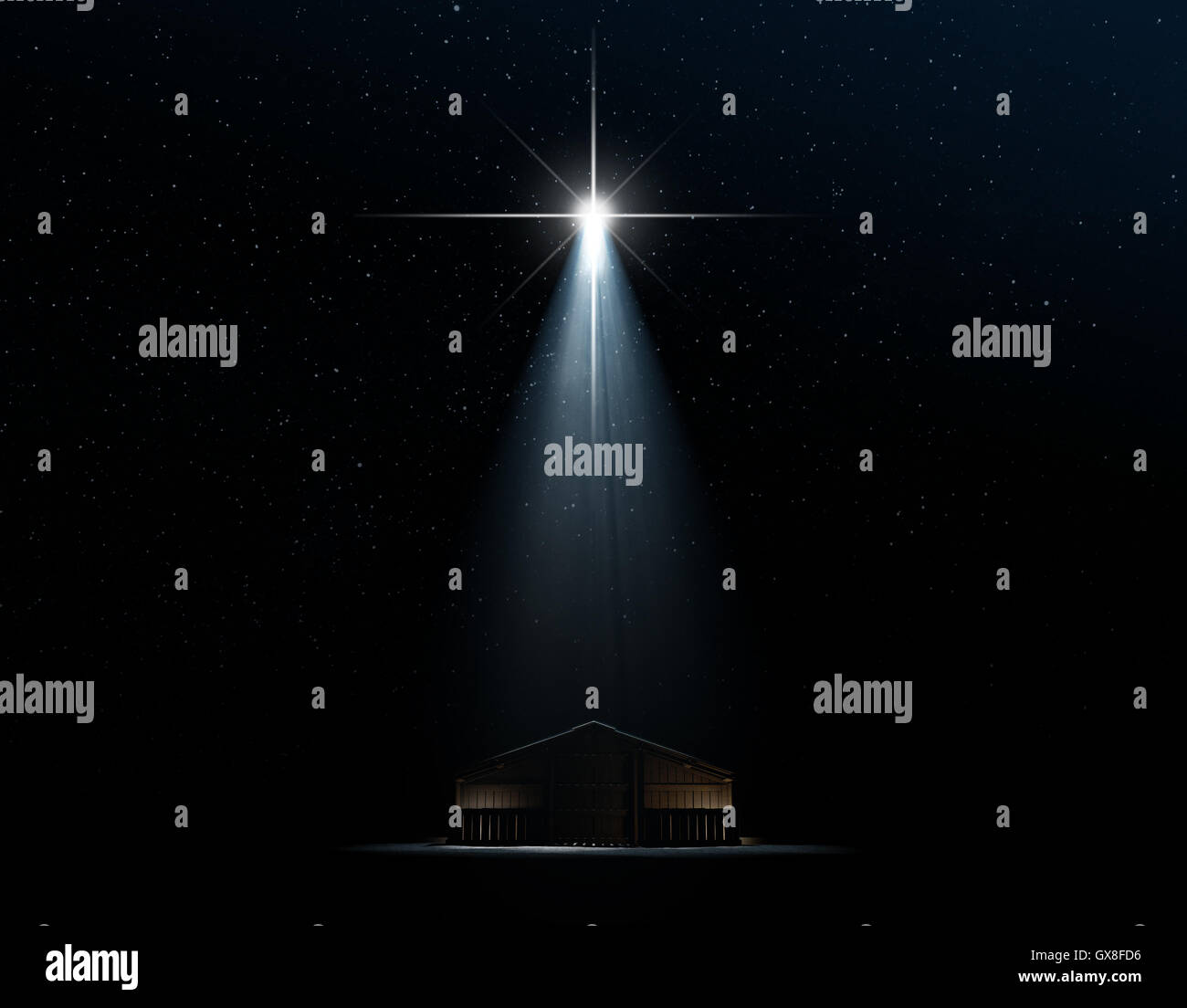 Eine 3D Rendern eine abstrakte Darstellung der Krippe von Christs Geburt in Bethlehem mit einer isolierten Stall wird vielfarbig Stockfoto