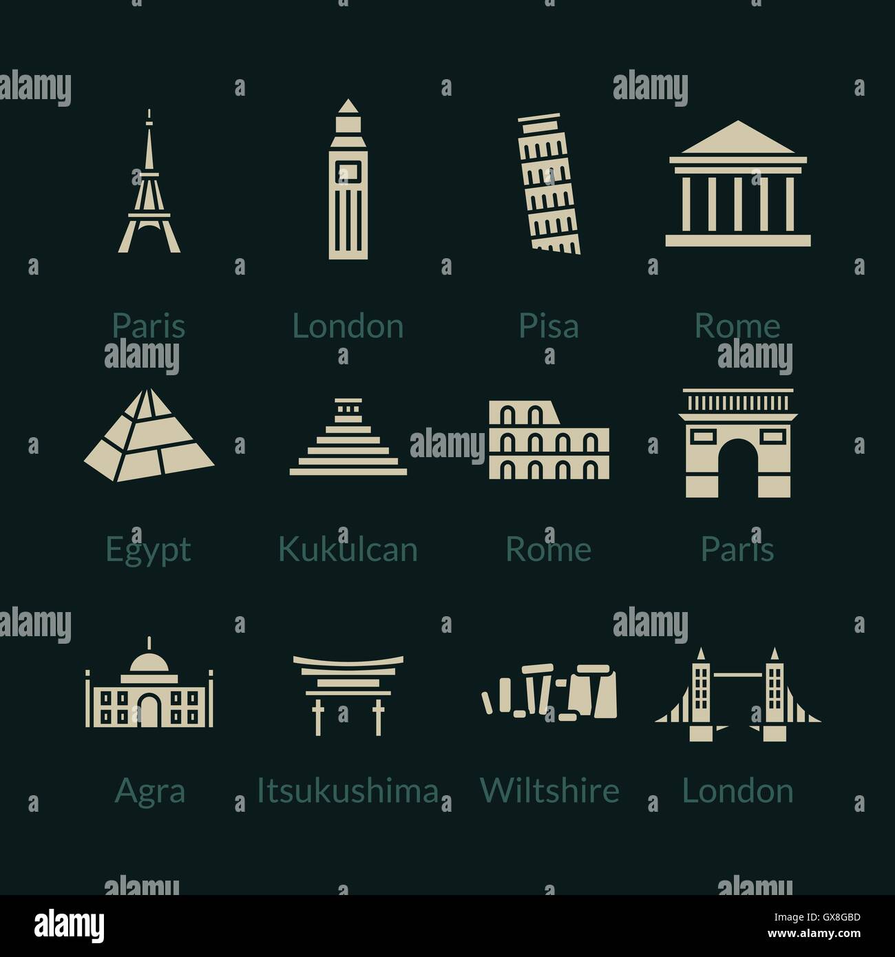 Wahrzeichen der Welt umreißen Icons set Stock Vektor