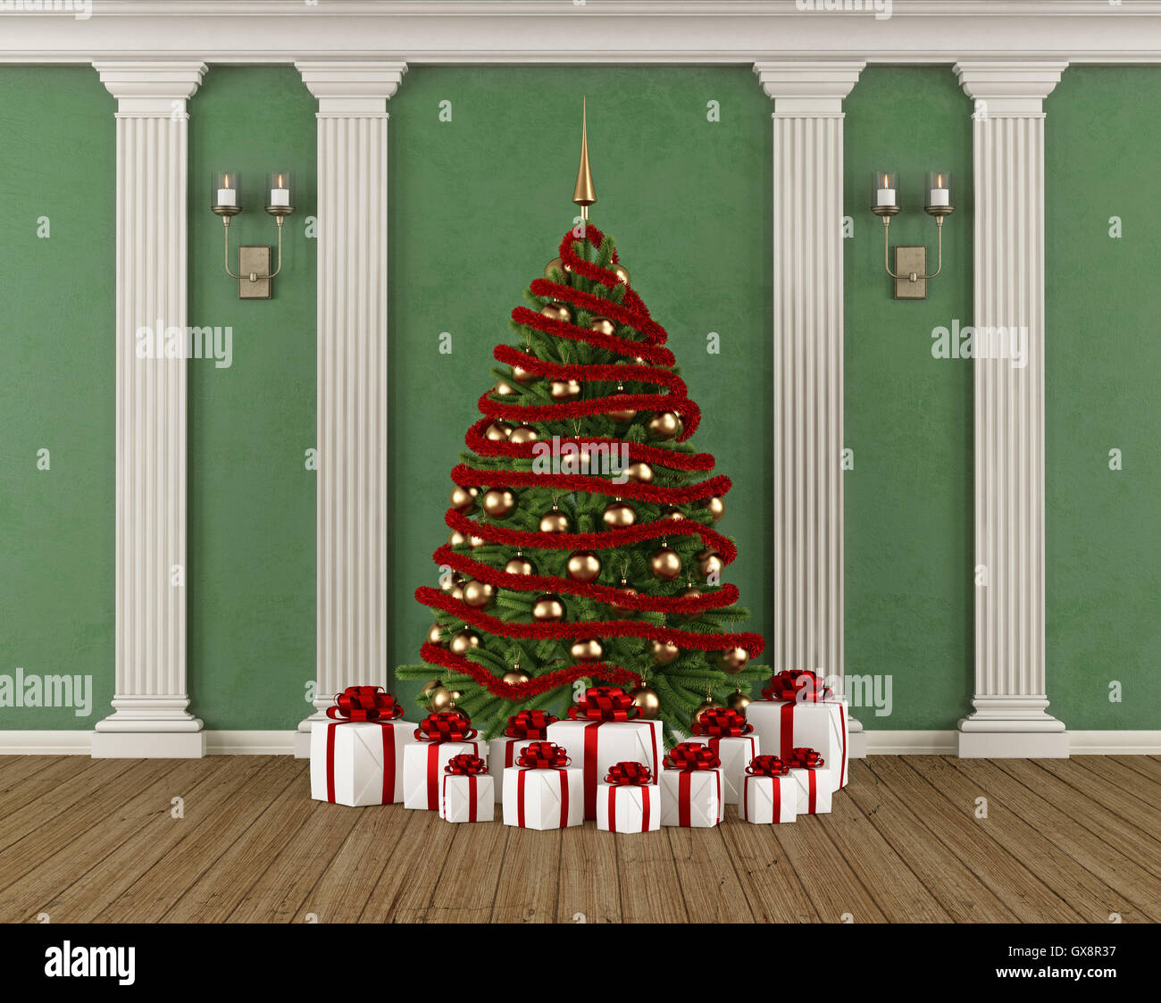 Klassisches Interieur mit grünen Wand, Pilaster, Weihnachtsbaum und Geschenk - 3d rendering Stockfoto