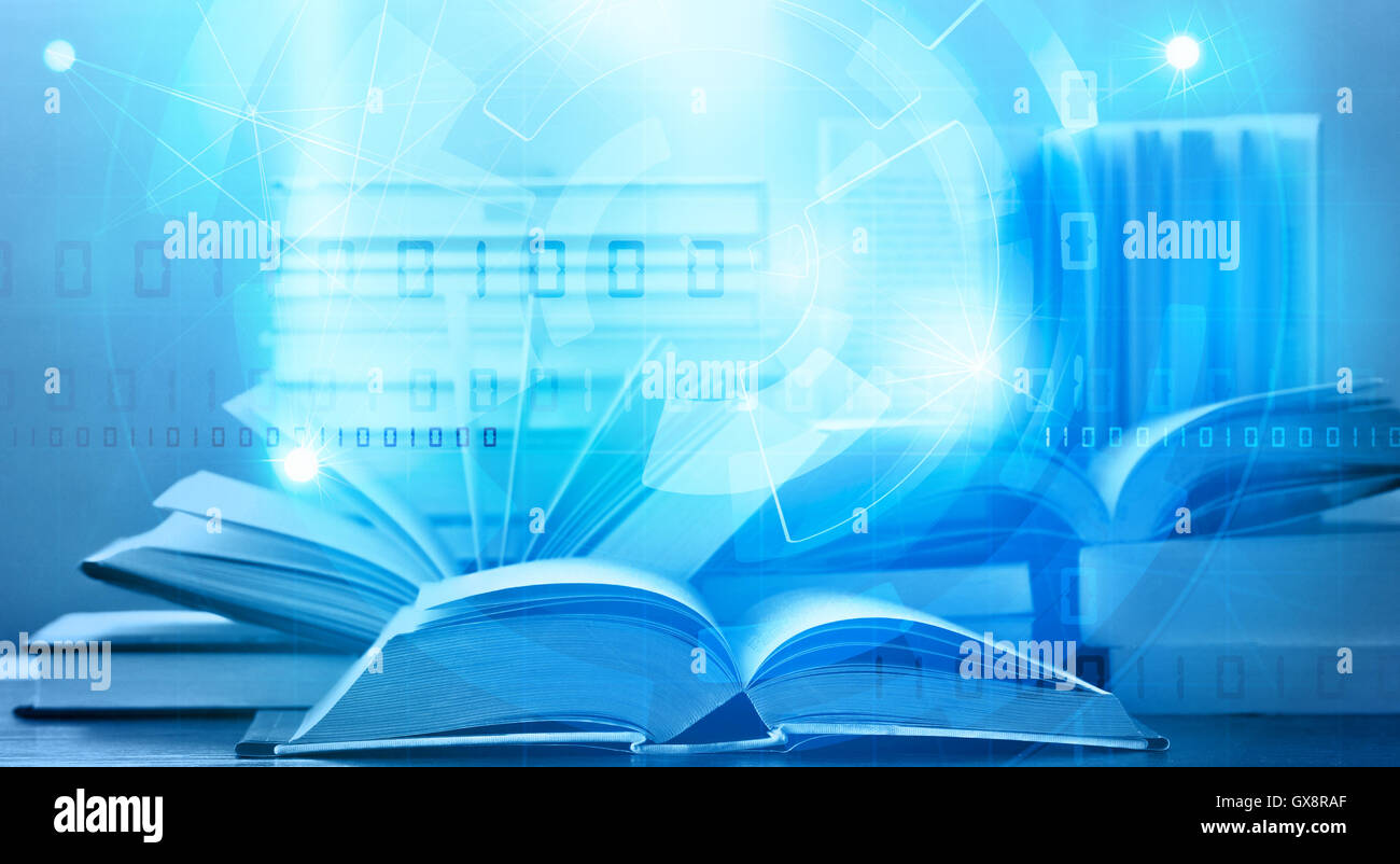 Öffnen Sie digital Ebook mit blauen Tech Hintergrund e-Learning-Konzept Stockfoto