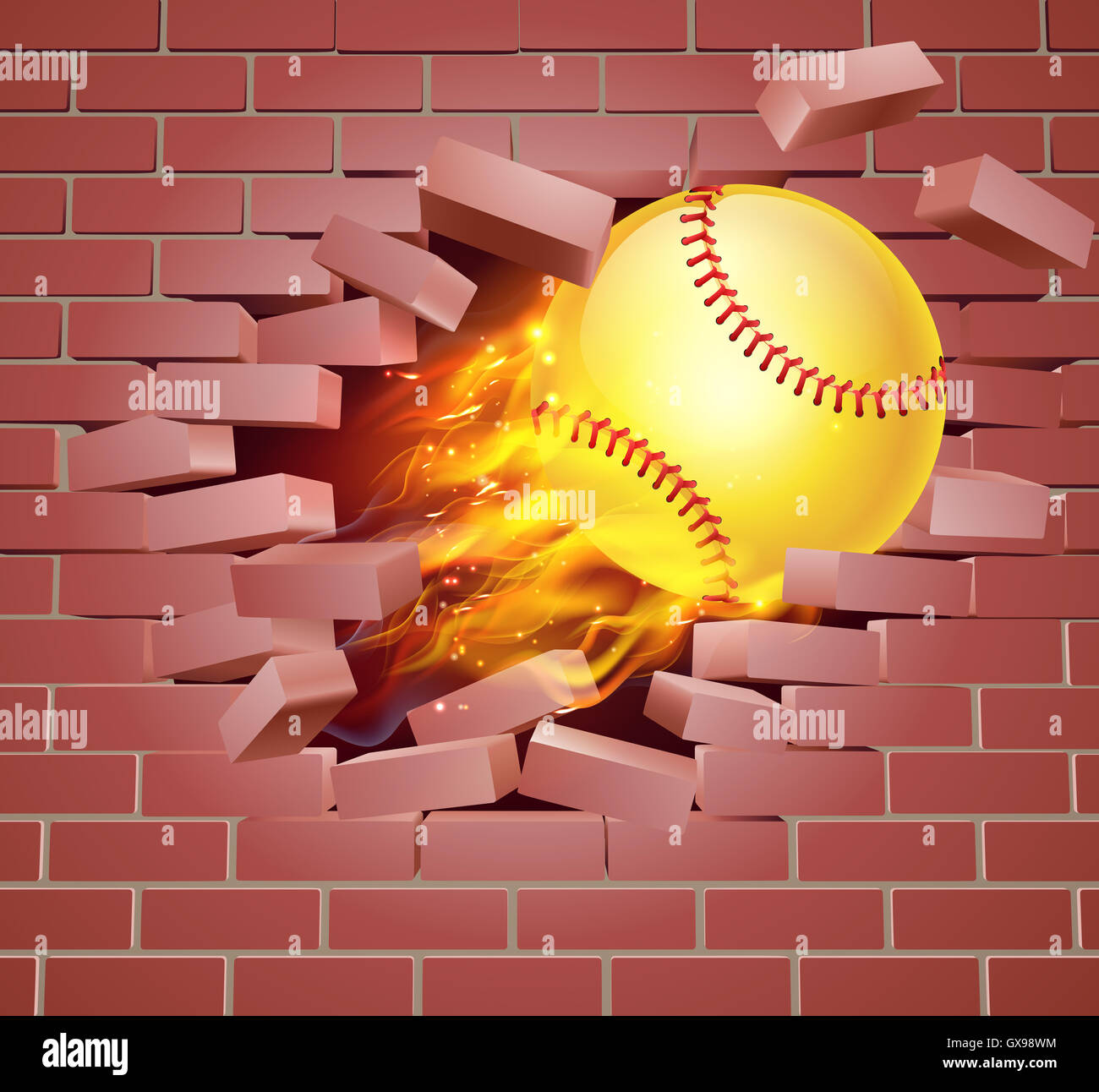 Ein Beispiel für einen brennenden flammendes gelb Softball Ball auf Feuer reißen ein Loch durch eine Mauer Stockfoto