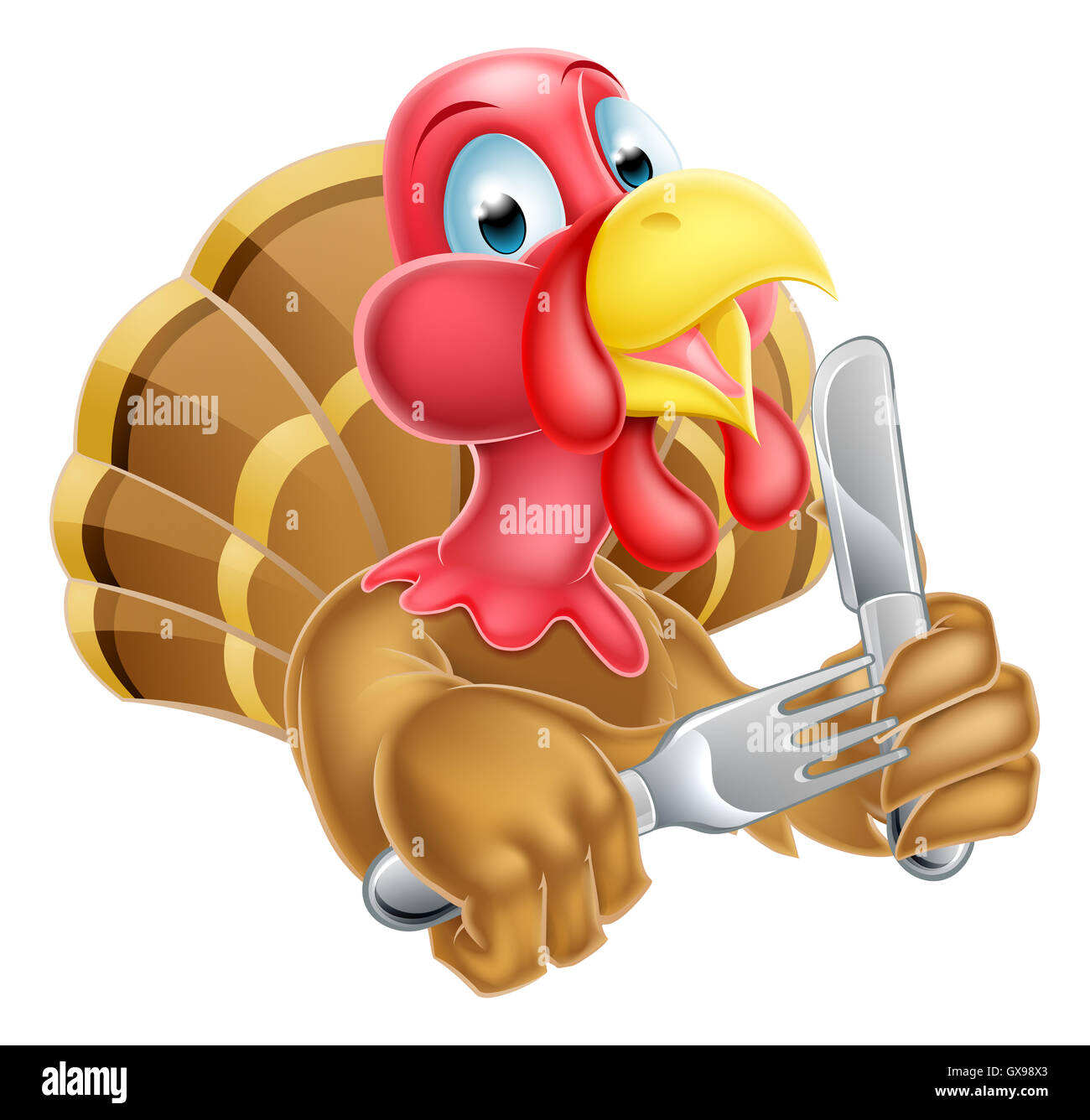 Cartoon Thanksgiving oder Weihnachten Türkei-Vogel mit Messer und Gabel Stockfoto