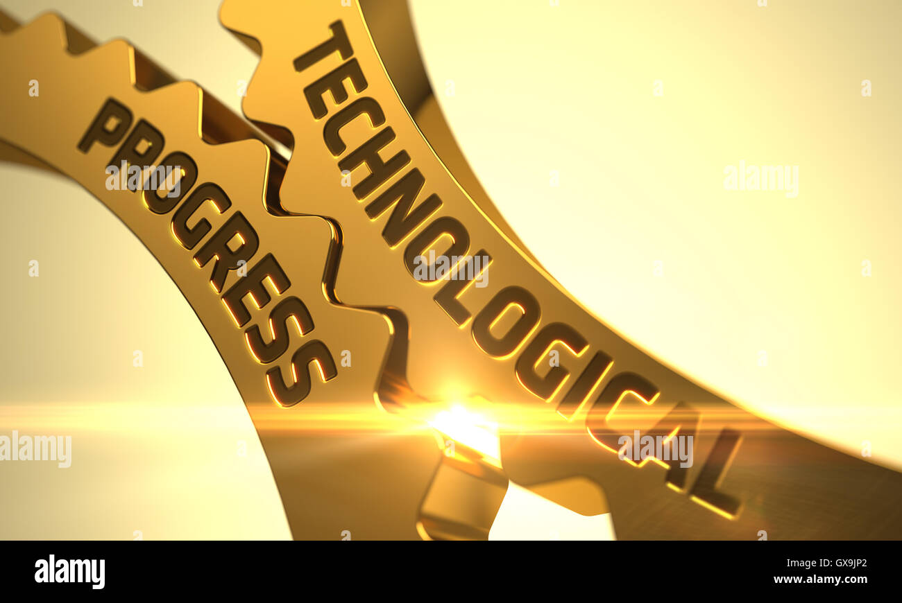 Technologischen Fortschritt Konzept. Goldene Zahnräder. 3D Illustration. Stockfoto