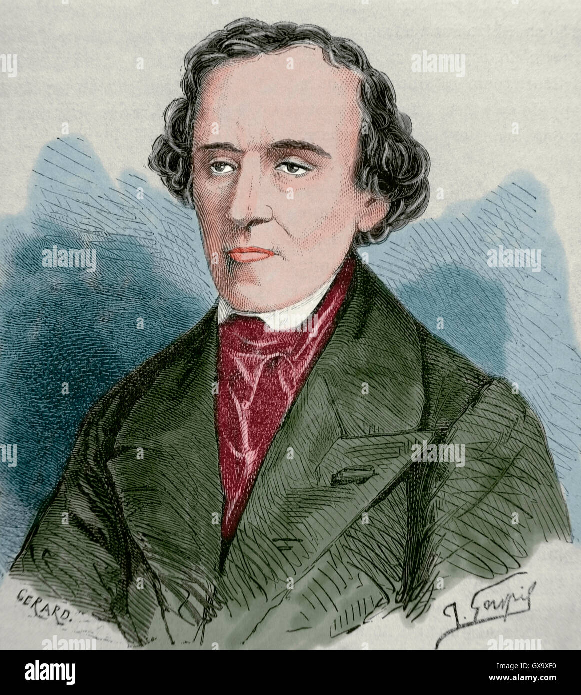 Giacomo Meyerbeer (1791-1864). Deutsche Opernkomponist. Porträt. Kupferstich von Gerard. des 19. Jahrhunderts. Farbige. Stockfoto