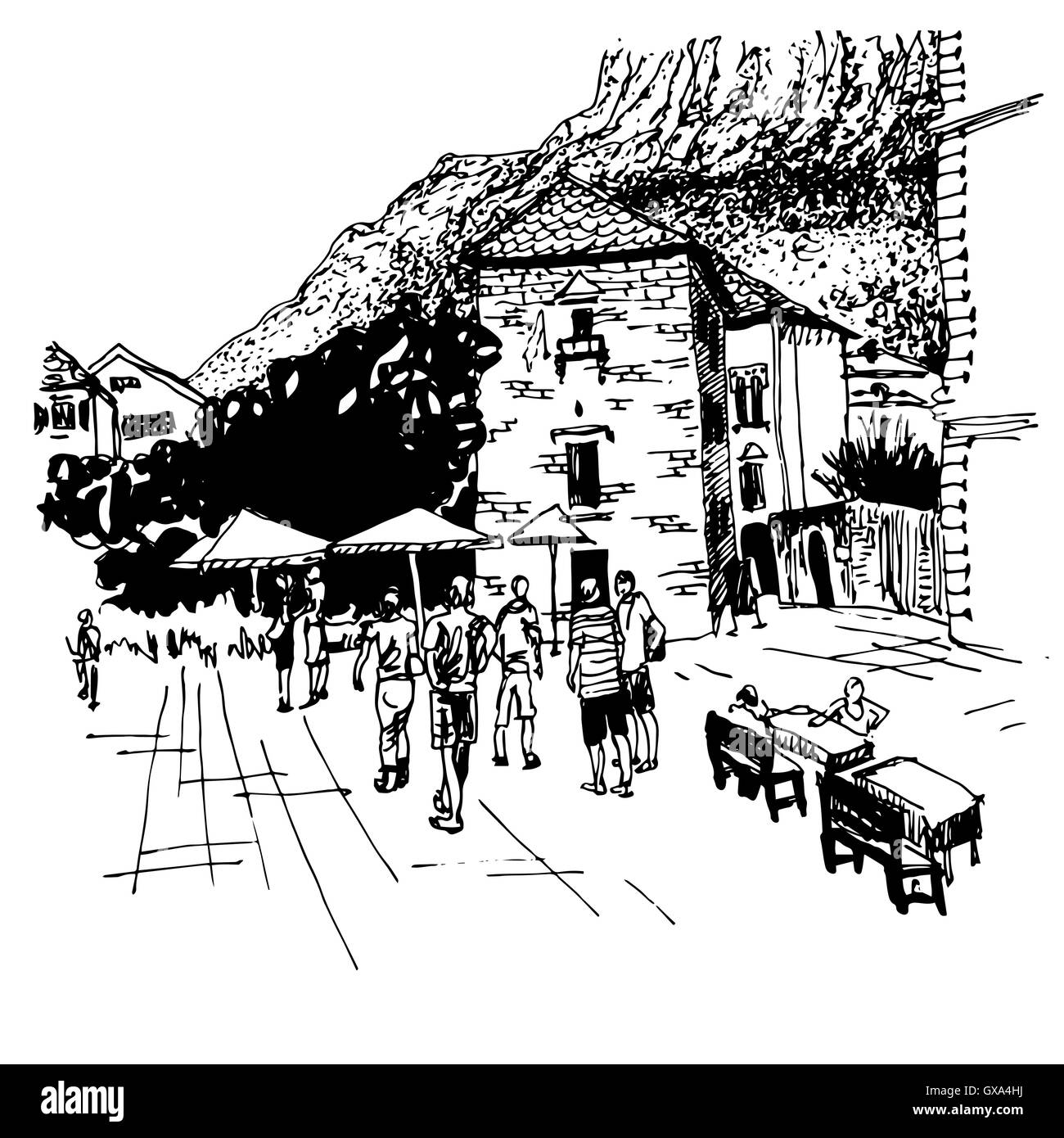 Skizze, Zeichnung von Kotor Straße - Sehenswürdigkeit in Montenegro Stock Vektor