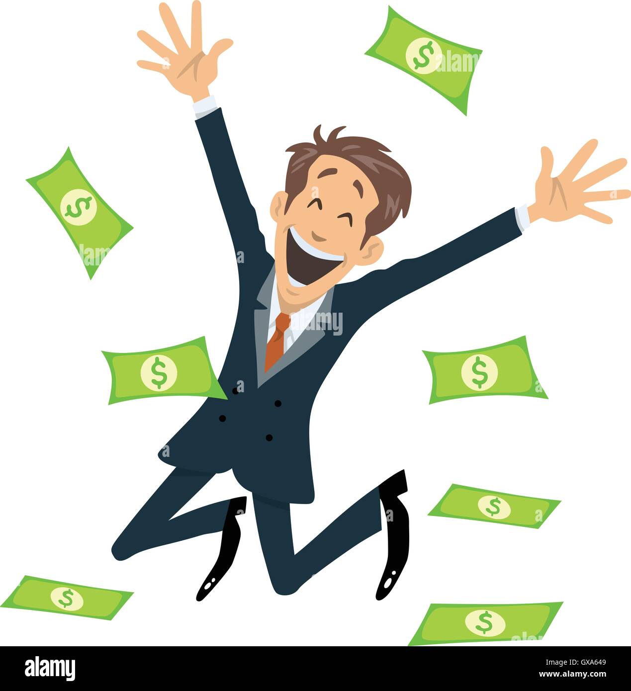 Erfolgreicher Geschäftsmann lächelnd und springen mit Geld Fly Away Vektor Stock Vektor