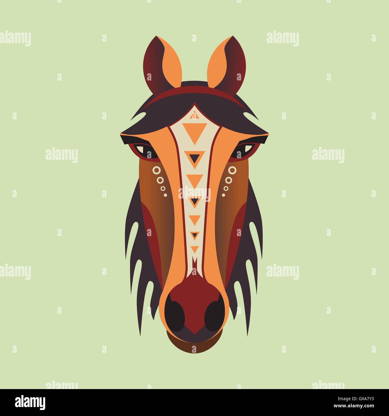 Flache Darstellung der Pferdekopf. Ethnische geometrische Porträt des braunen Mustang. Stock Vektor