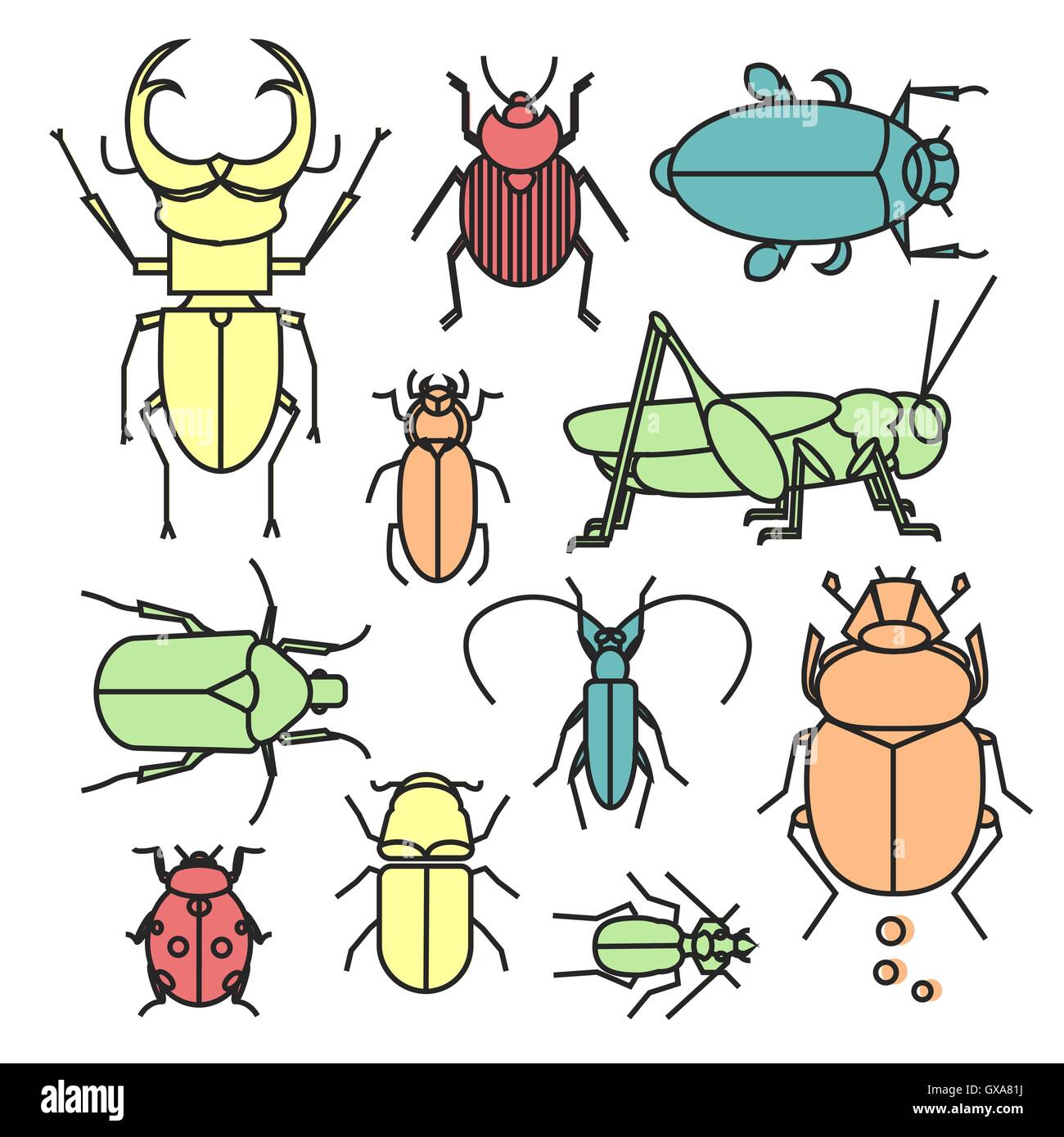 Bunte lineare Auflistung von verschiedenen Insekten und Käfer. Niedliche Wohnung Insekten im geometrischen Stil... Stock Vektor