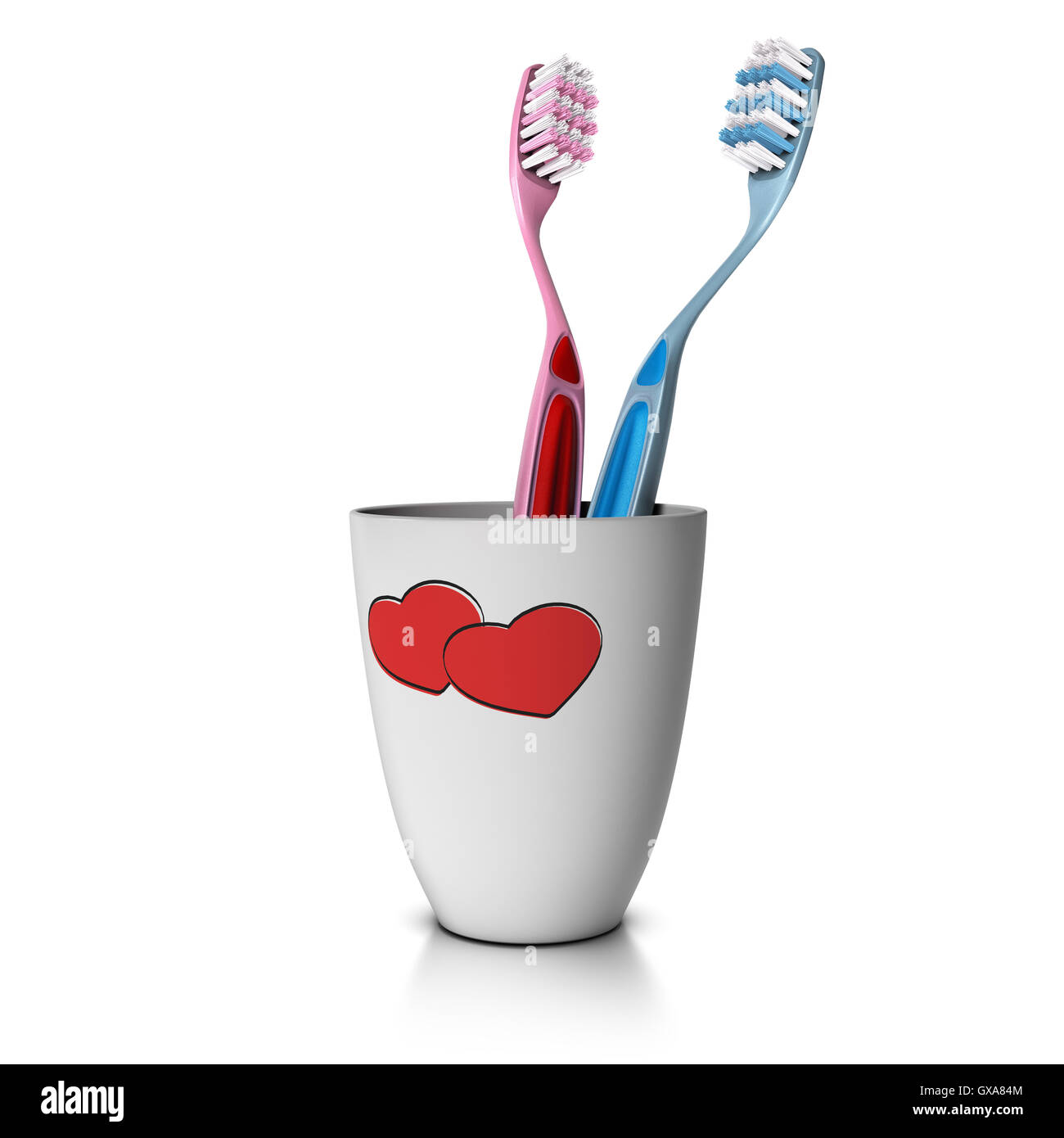 3D Abbildung einer Zahn-Tasse mit zwei Zahnbürsten auf weißem Hintergrund. Konzept der Liebe und paar Zusammenleben. Stockfoto