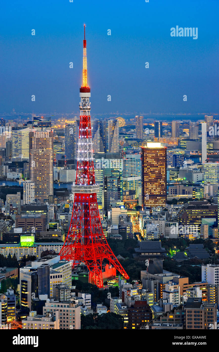 Japan, Honshu-Insel, Kanto, Tokio, Übersicht in der Abenddämmerung. Stockfoto