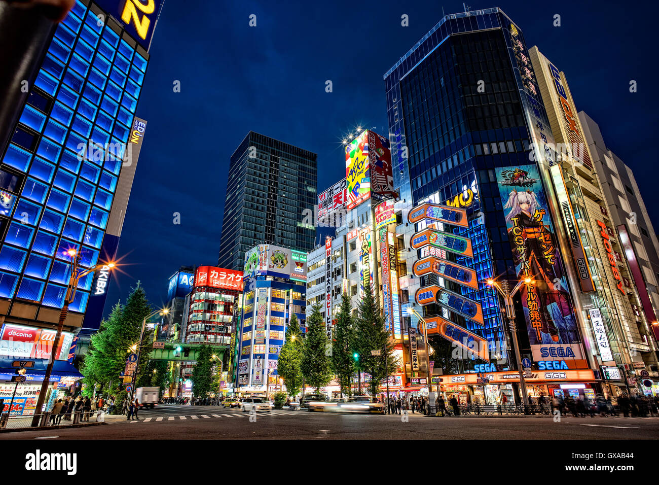 Japan, Honshu-Insel, Kanto, Tokyo, Akihabara Bezirk in der Nacht. Stockfoto