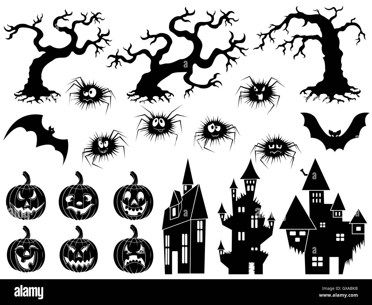 Reihe von verschiedenen Halloween Vector Silhouetten und Schablonen mit getrockneten Baumbestand, Kürbisse, Fledermäuse, lustige Spinne fliegen lachen Stockfoto