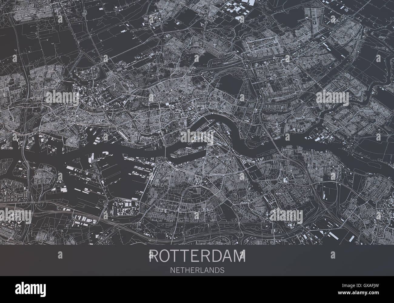 Rotterdam Karte, Satellitenbild, Stadt, Niederlande. 3D-Rendering Stockfoto