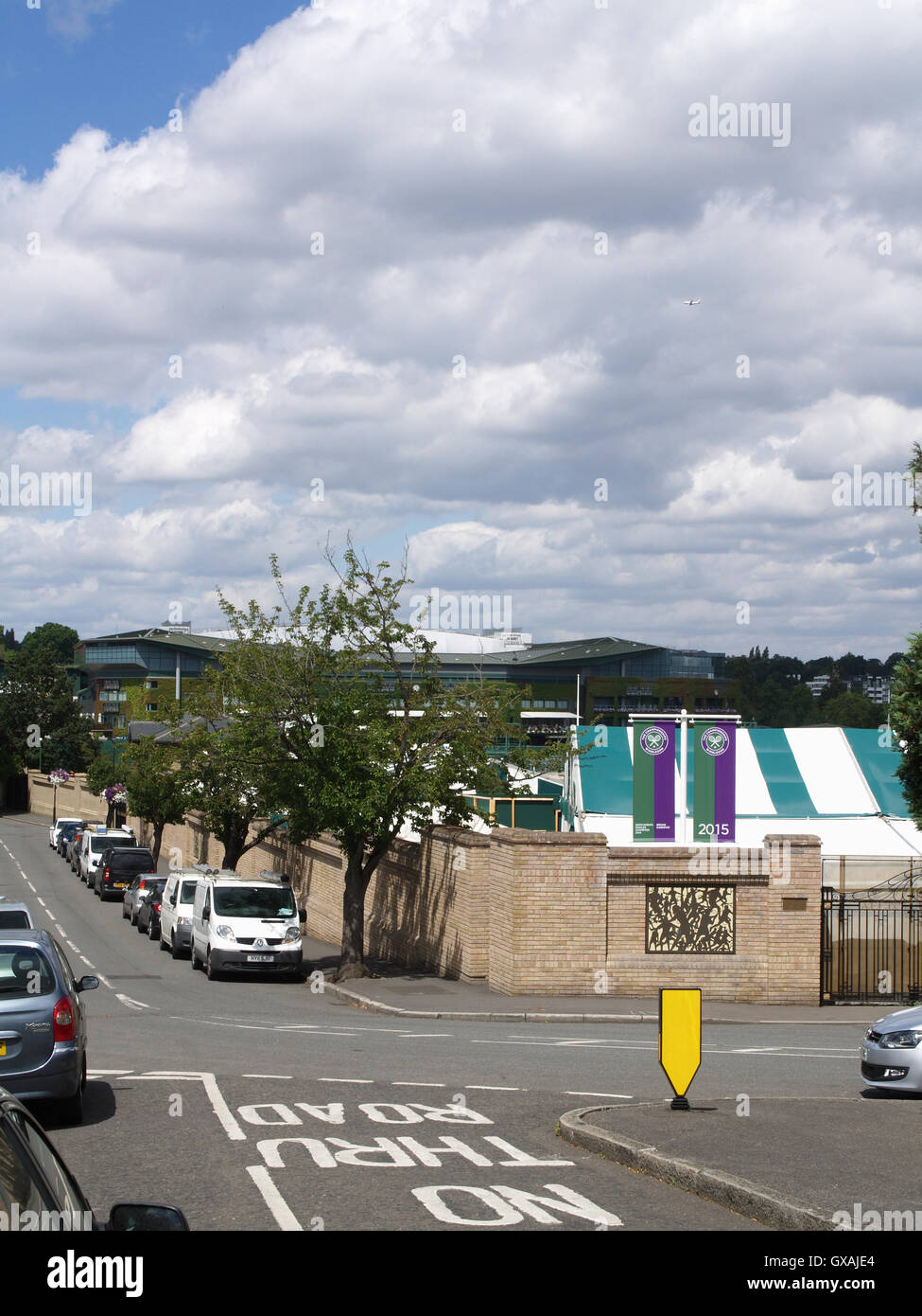 Blick über All England Lawn Tennis und Croquet Club Somerset Road, Wimbledon, SW19, London, England Stockfoto