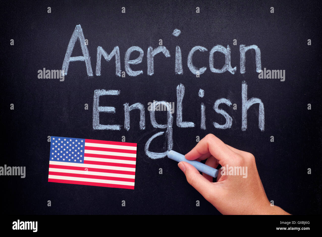 Amerikanisches Englisch. Handzeichnung amerikanisches Englisch auf Tafel. Hautnah. Stockfoto