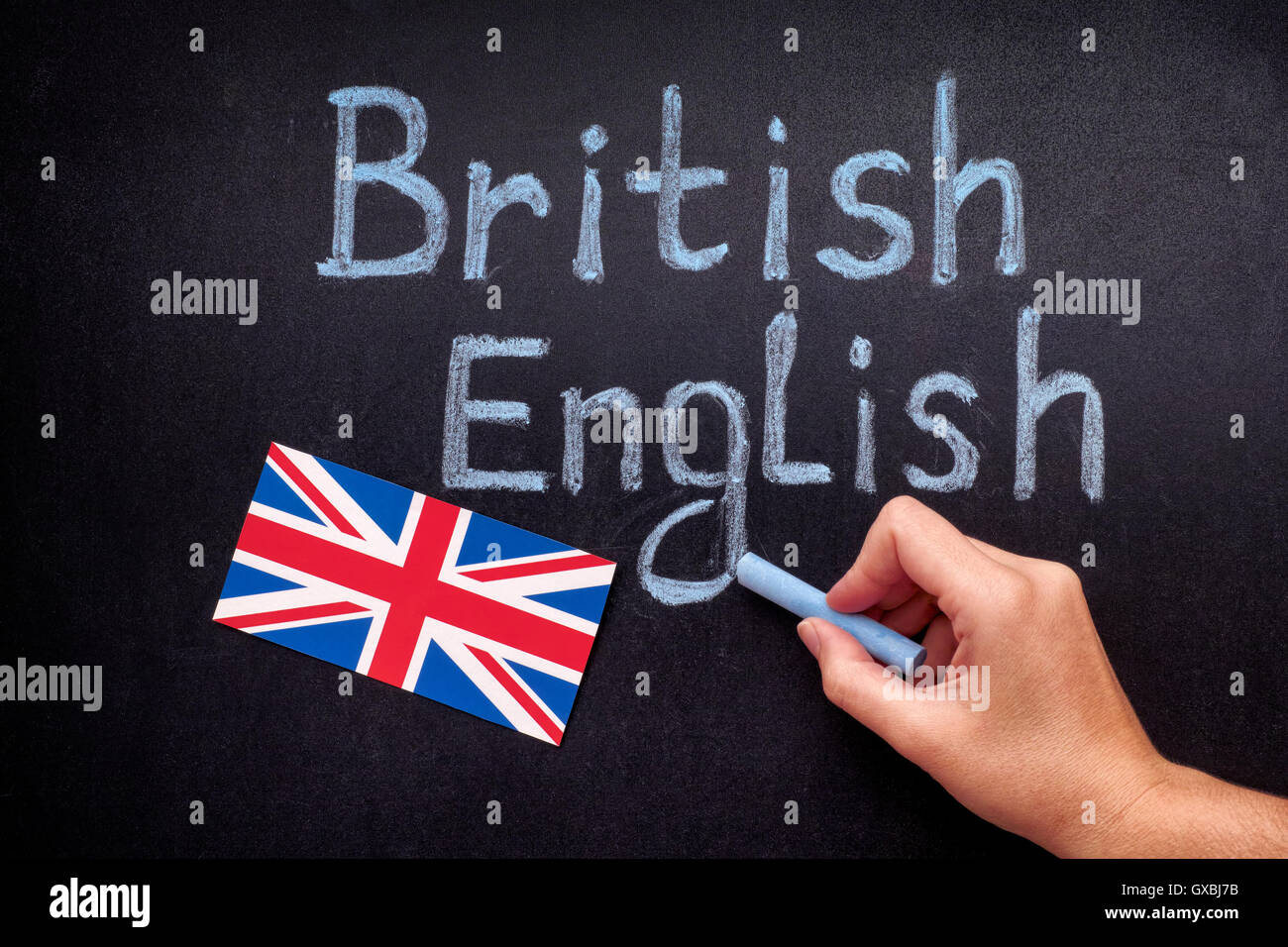 Britisches Englisch. Handzeichnung britisches Englisch auf Tafel. Hautnah. Stockfoto