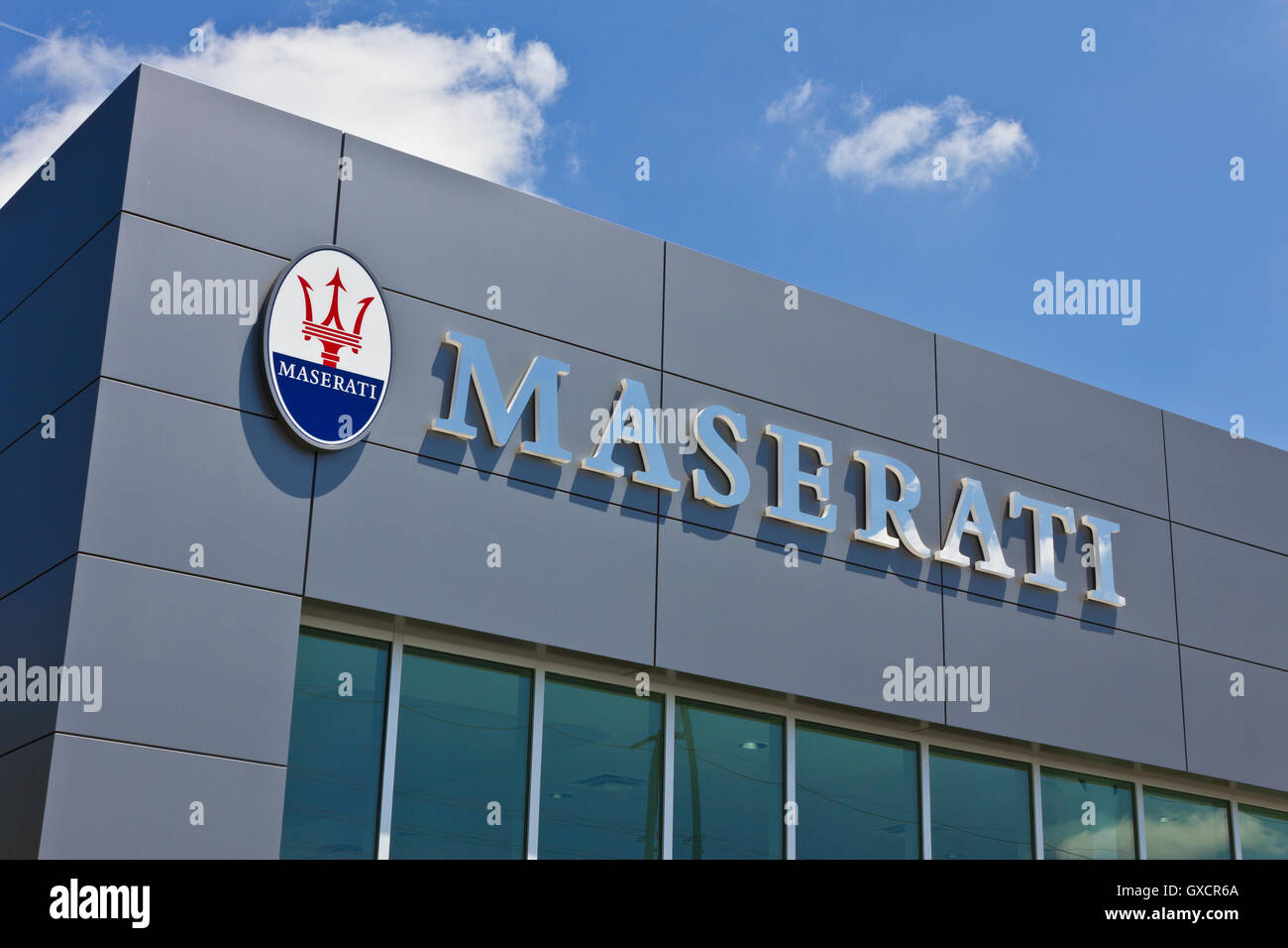 Indianapolis - ca. Juli 2016: Maserati Händler Signage. Maserati ist ein Luxus Auto Hersteller Sitz in Italien II Stockfoto