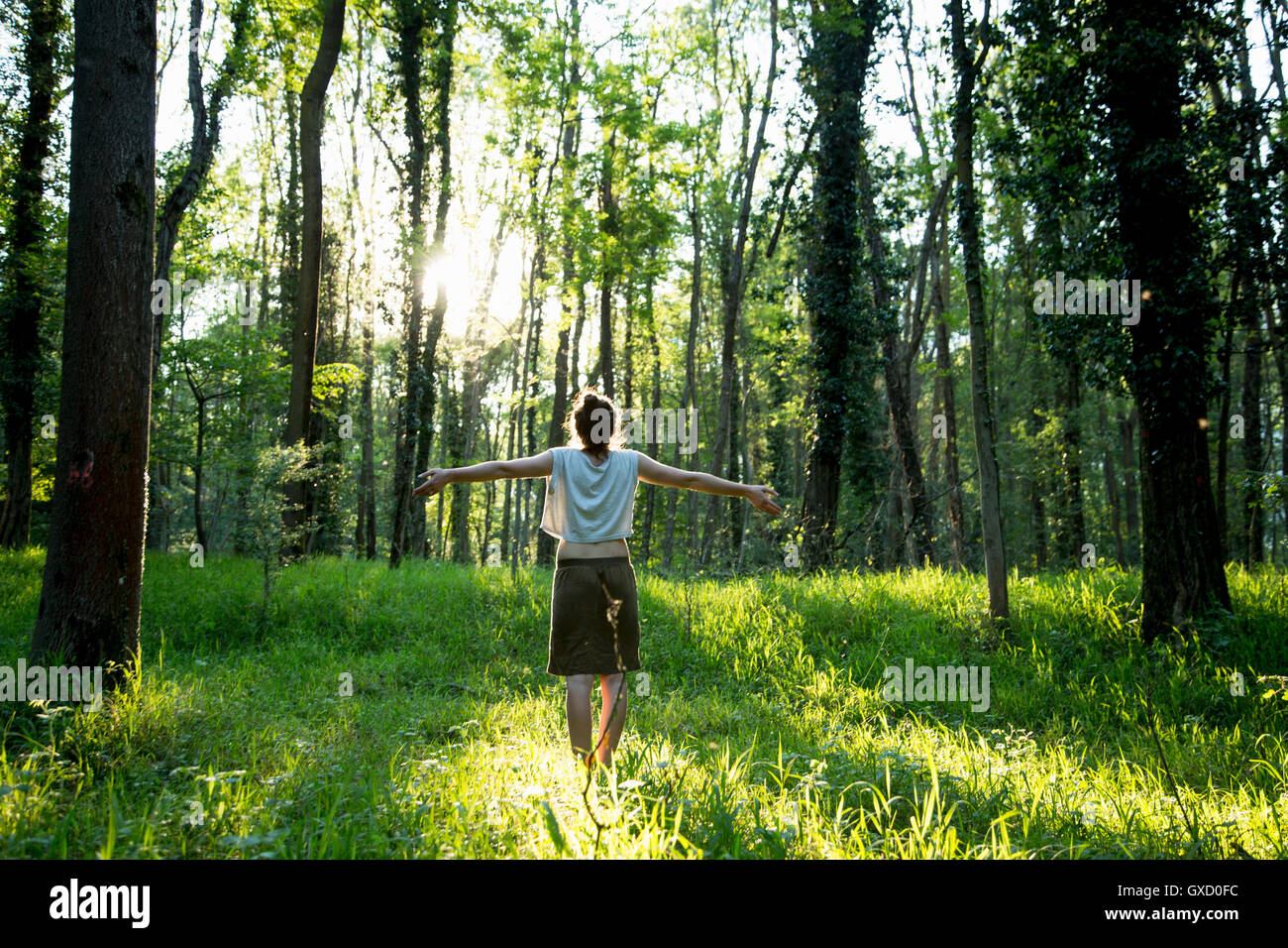 Rückansicht des jungen Frau mit Armen zu öffnen, im Wald, Vogogna, Verbania, Piemont, Italien Stockfoto