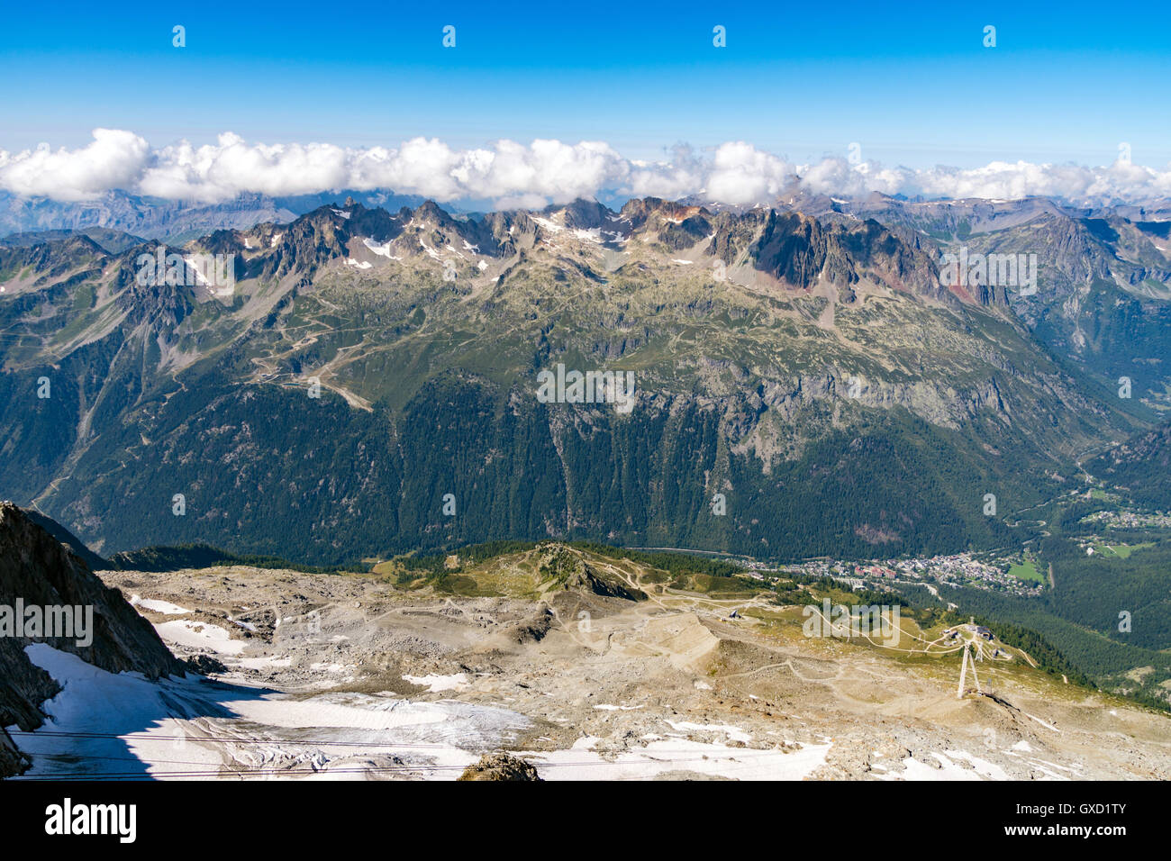 Aiguilles Rouges Bergen gesehen von Grand Montets oberhalb Argentiere, Chamonix-Mont-Blanc Stockfoto