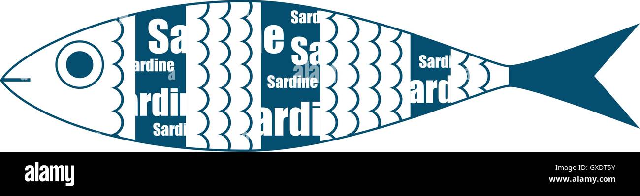 Blaue und weiße Fische beschriftet als sardine Stock Vektor