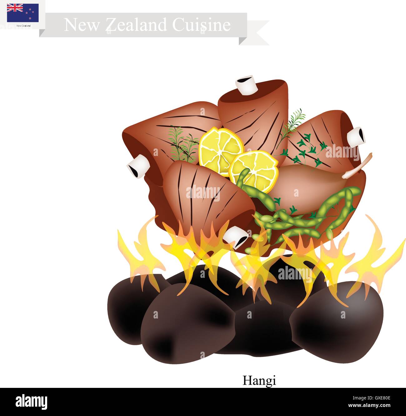 Neuseeländische Küche, Illustration von Hangi oder traditionelle Maori Essen hergestellt von Fleisch und Gemüse zubereitet in Erde Ofen heiß Stock Vektor