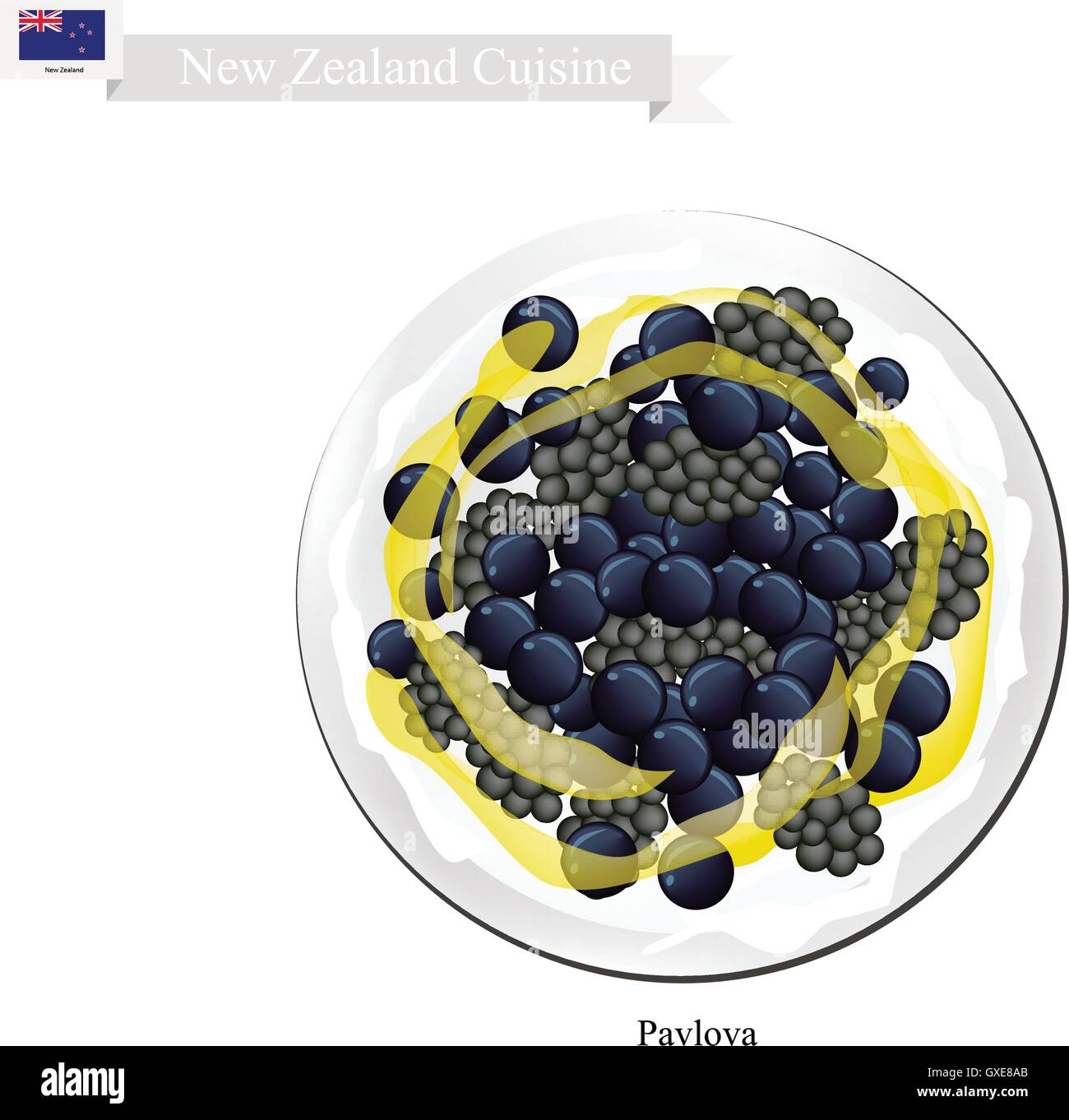 Neuseeländische Küche, Pavlova Baiser Kuchen Top mit Brombeeren und Heidelbeeren. Einer der beliebtesten Dessert in Neuseeland. Stock Vektor