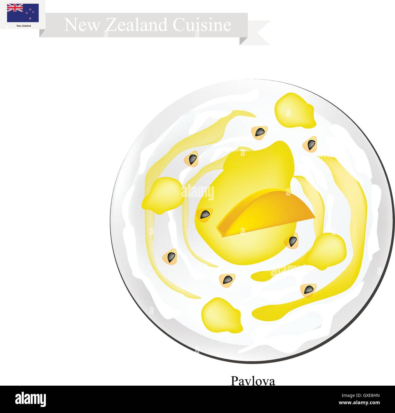Neuseeländische Küche, Pavlova Baiser Kuchen Top mit reife Mangos. Einer der beliebtesten Dessert in Neuseeland. Stock Vektor