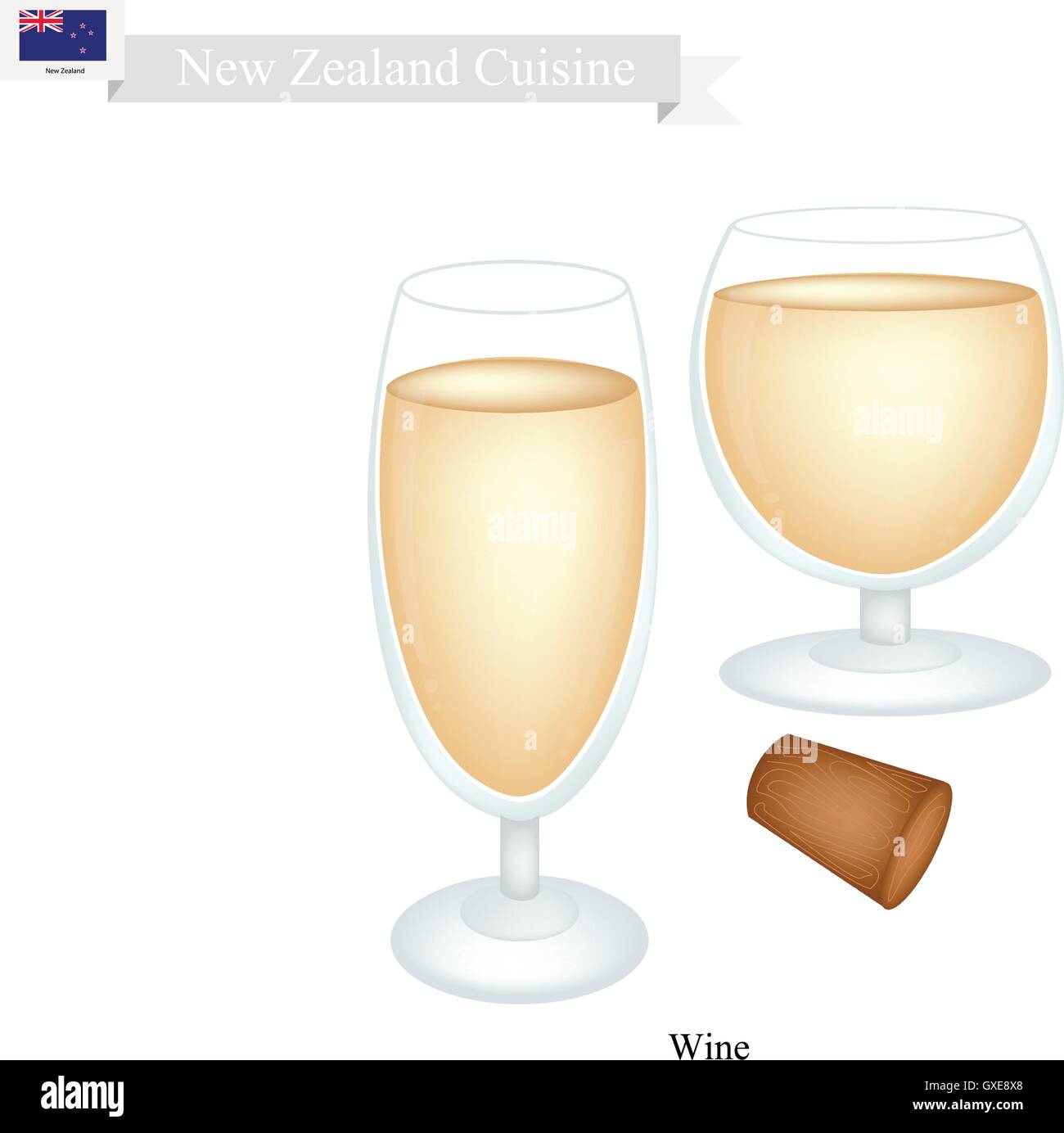 Neuseeländische Küche, Weißwein ist ein traditionelles alkoholisches Getränk. Eines der beliebtesten Getränke in Neuseeland. Stock Vektor