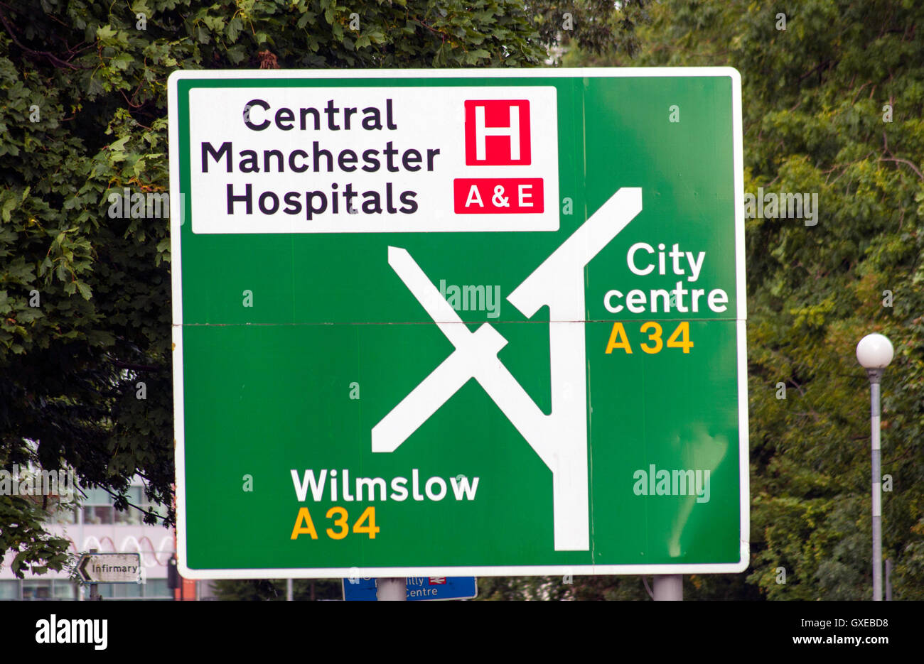 Zentralen Manchester Hospital Straßenschild Stockfoto