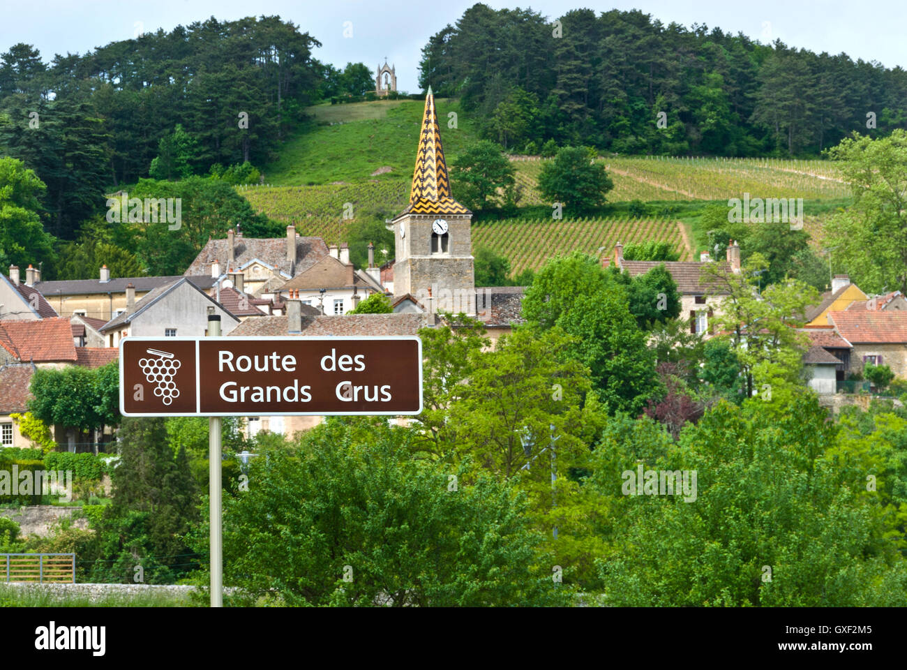 Route des Grands Crus zu unterzeichnen, mit der renommierten Weinbau-Dorf von Pernand Vergelesses hinter Cote d oder Burgund-Frankreich Stockfoto