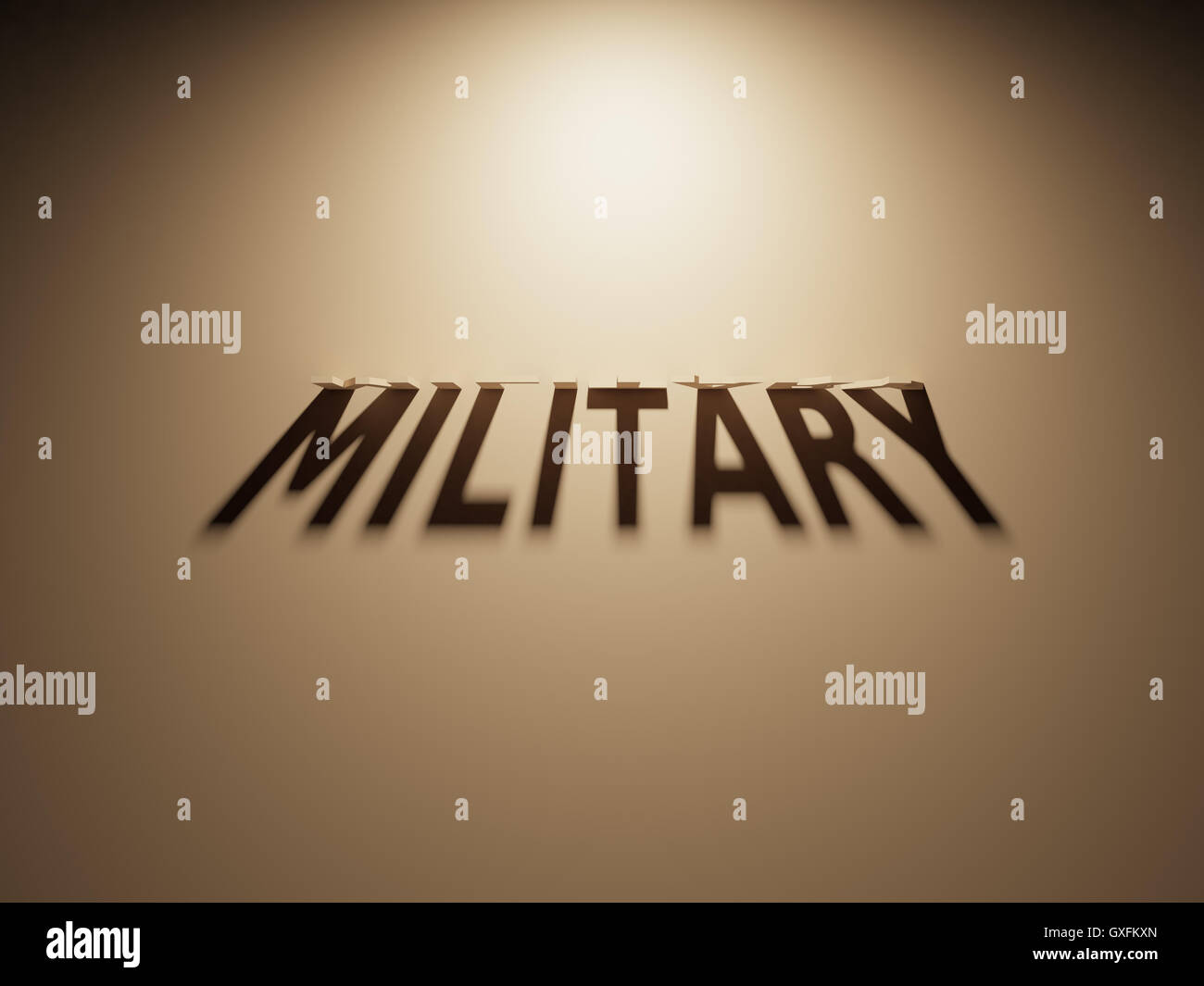 Ein 3D Rendering des Schattens eines umgekehrten Text, Militär liest. Stockfoto